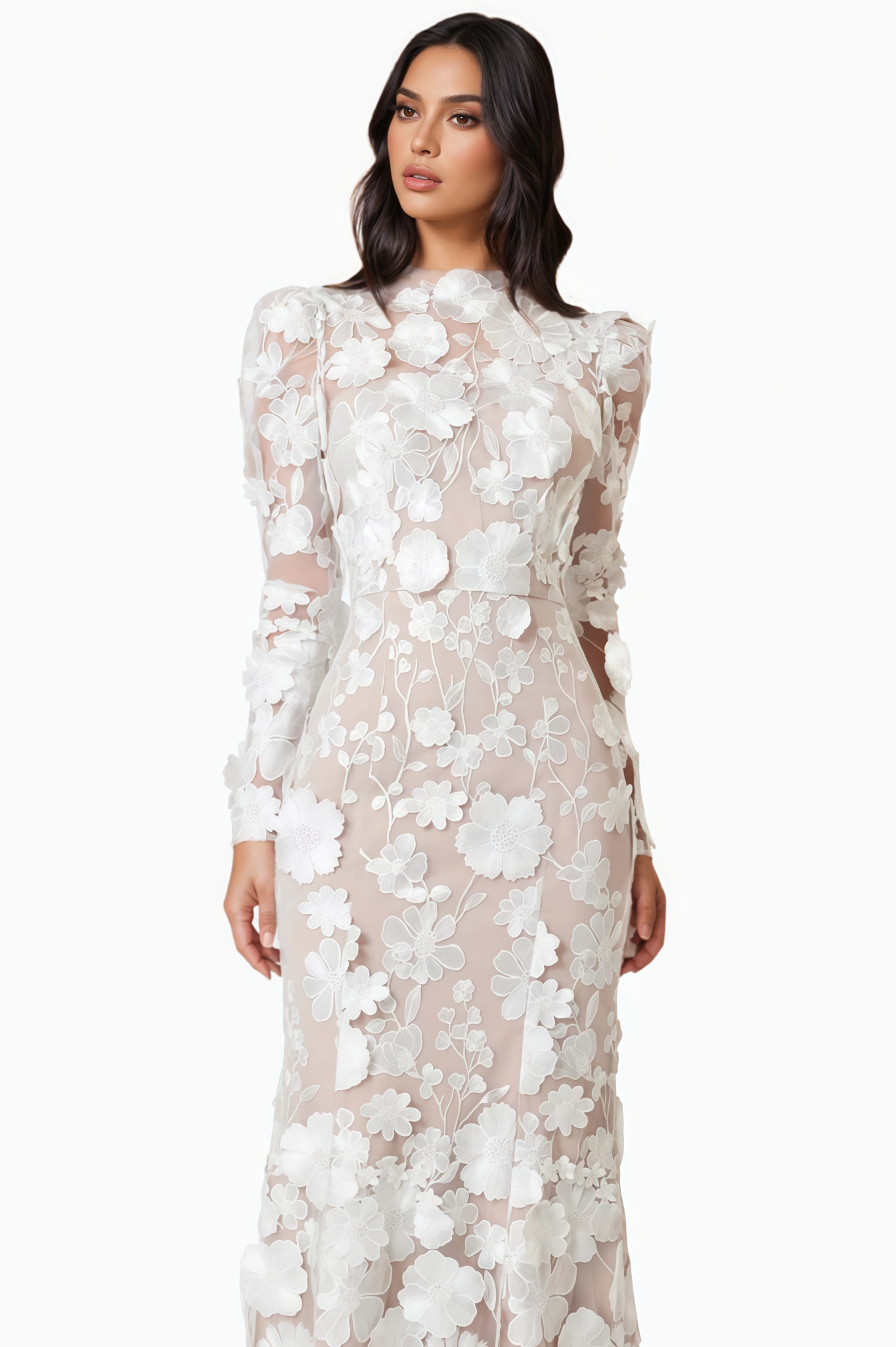 Autumtp White 3D Floral Midi Dress