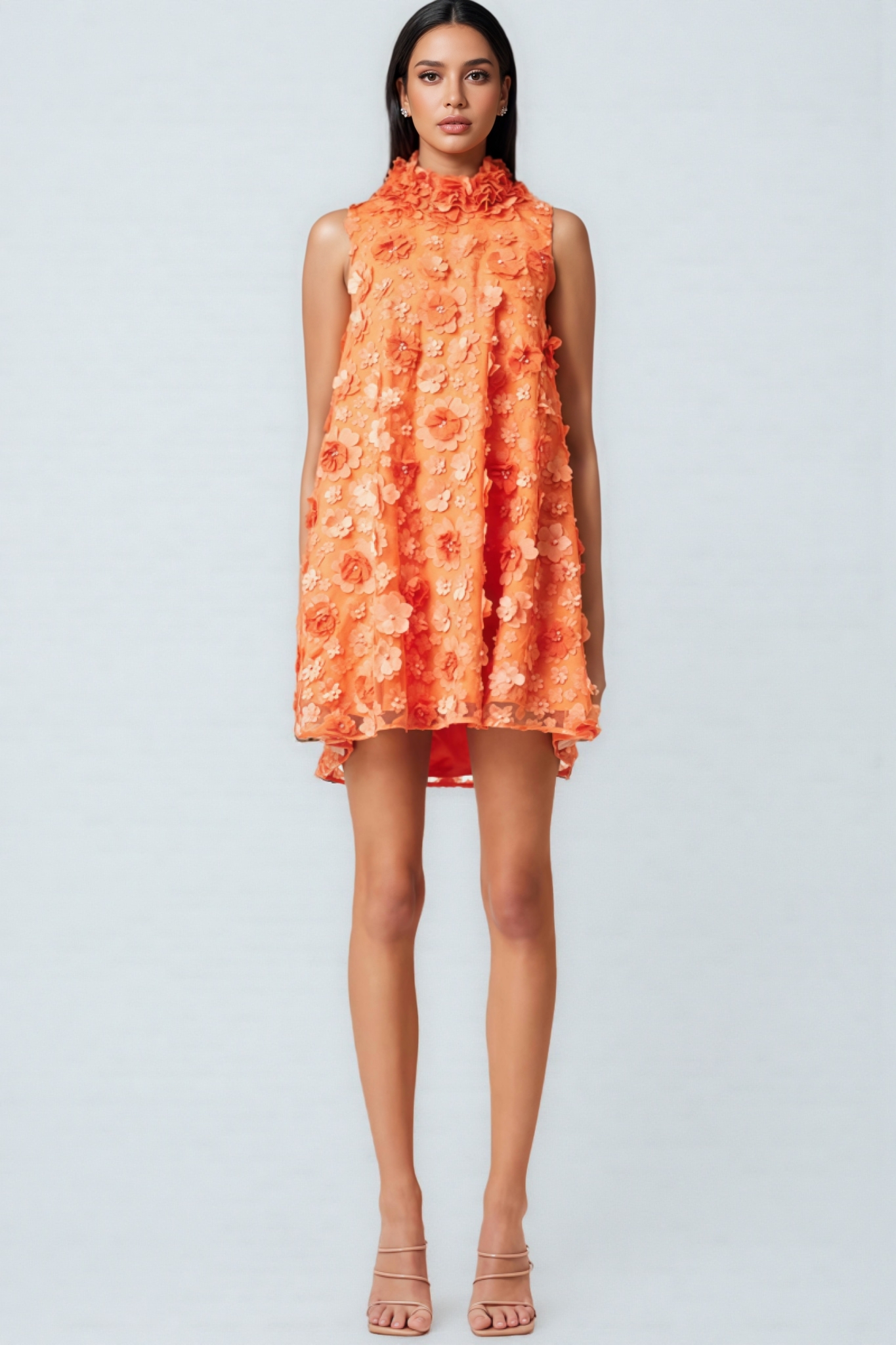 Prued Orange High Neck Trapeze Mini Dress