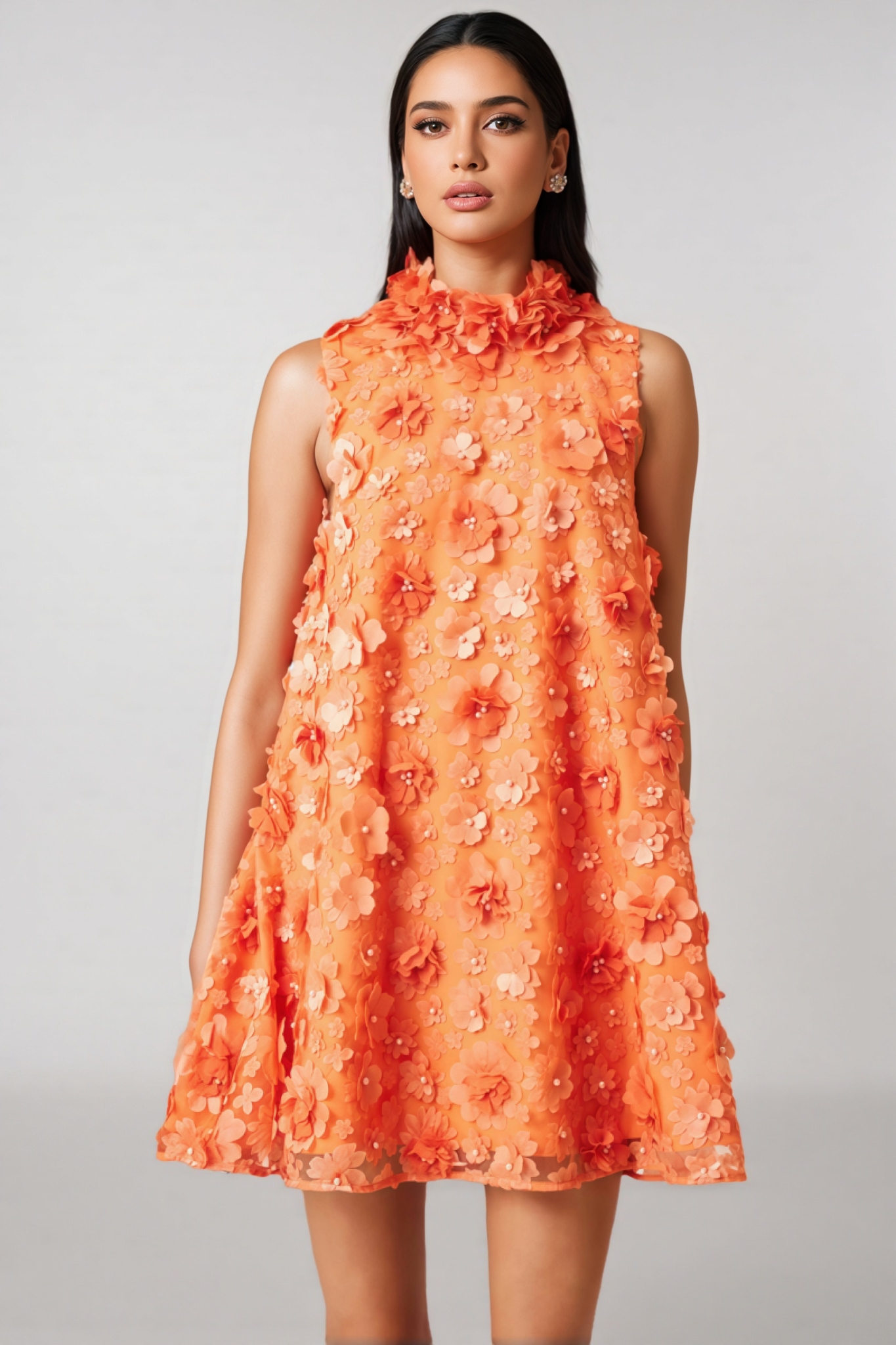 Prued Orange High Neck Trapeze Mini Dress