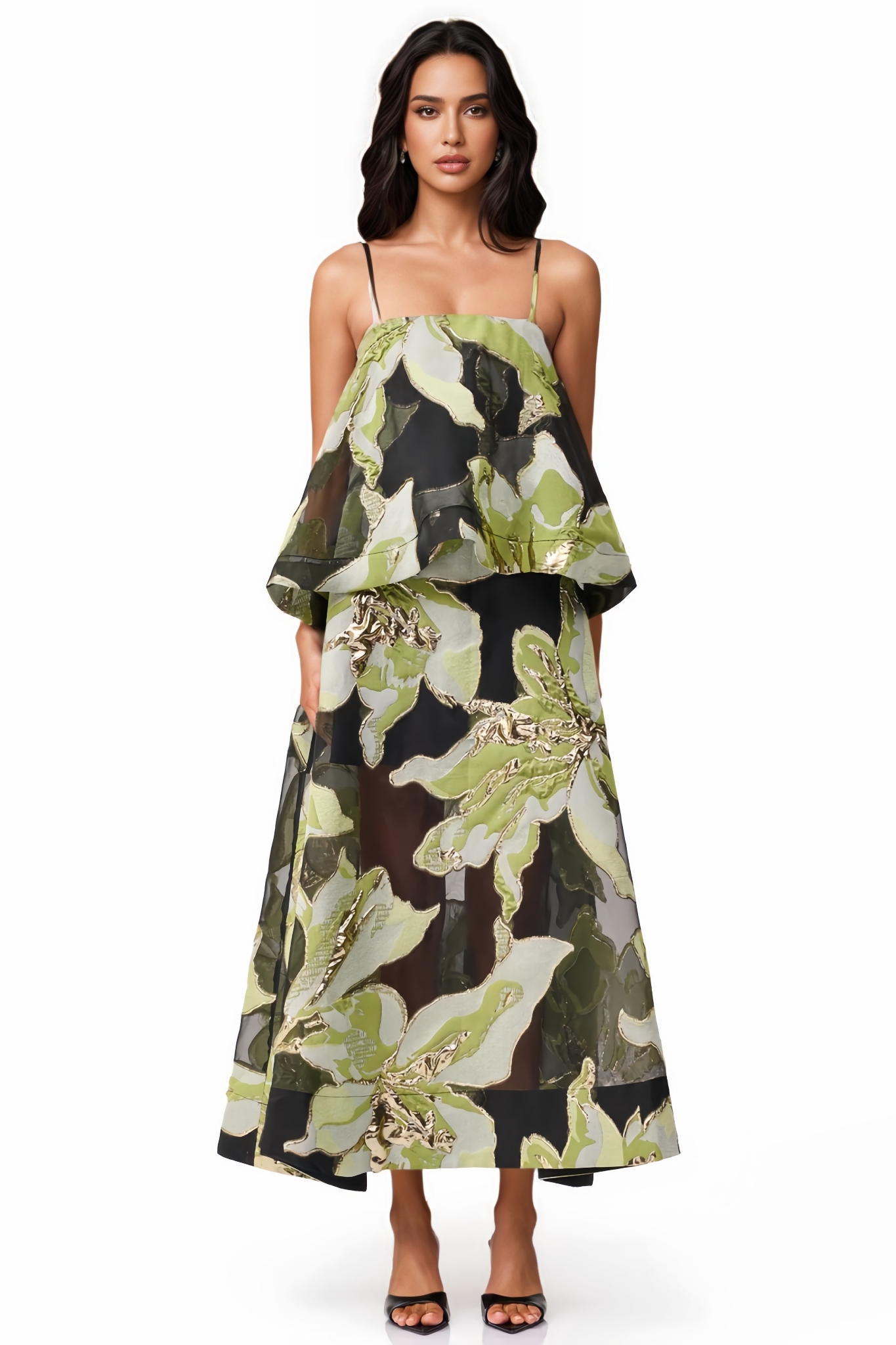 Eniliay Green Floral Print Tiered Maxi Dress