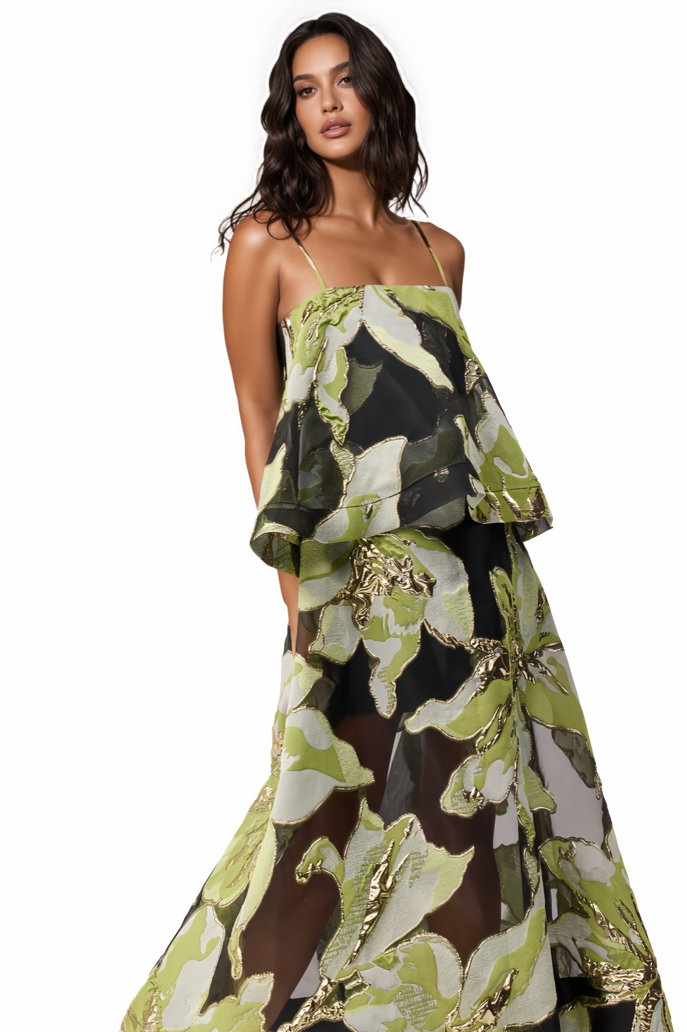 Eniliay Green Floral Print Tiered Maxi Dress