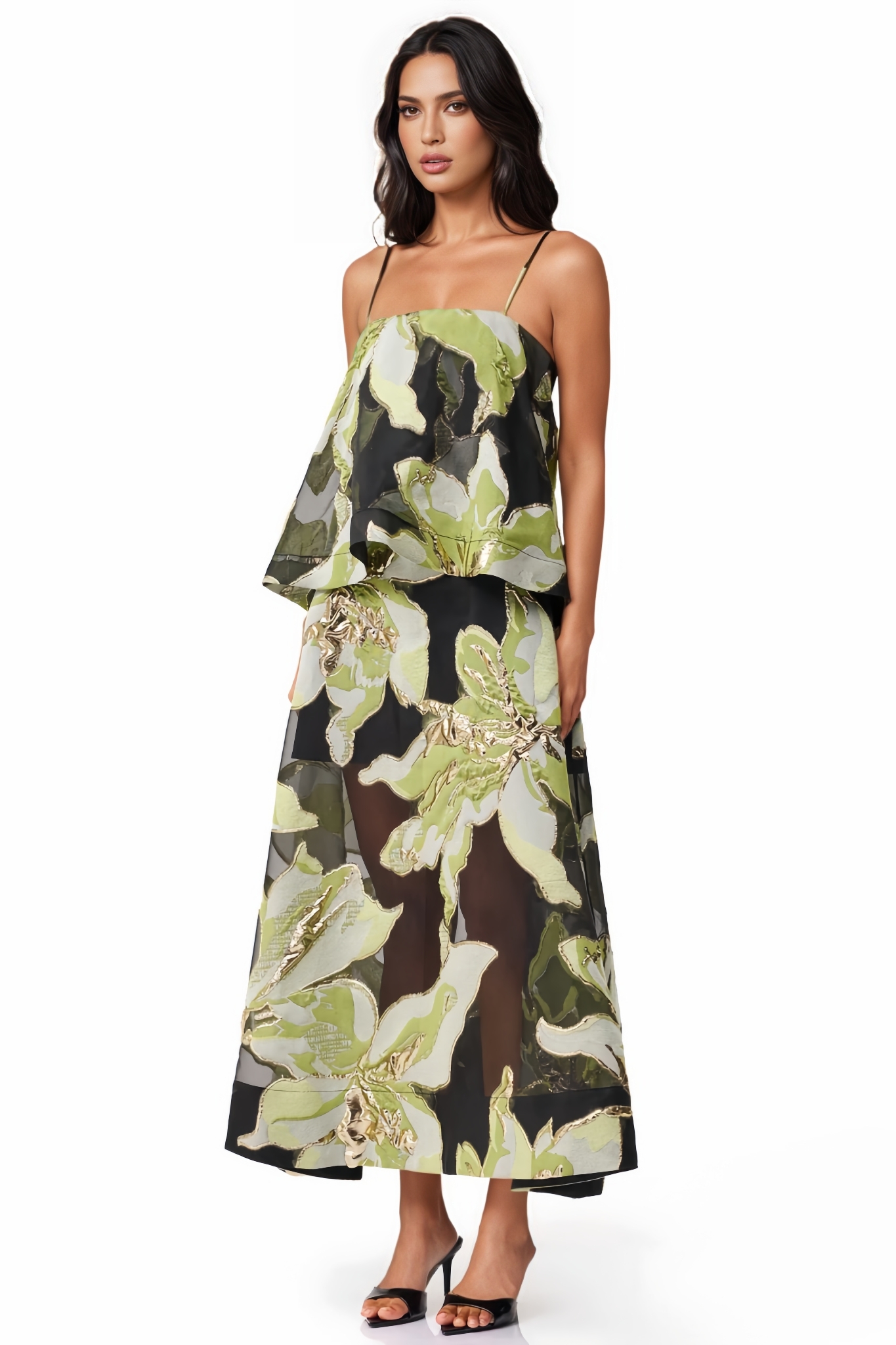 Eniliay Green Floral Print Tiered Maxi Dress