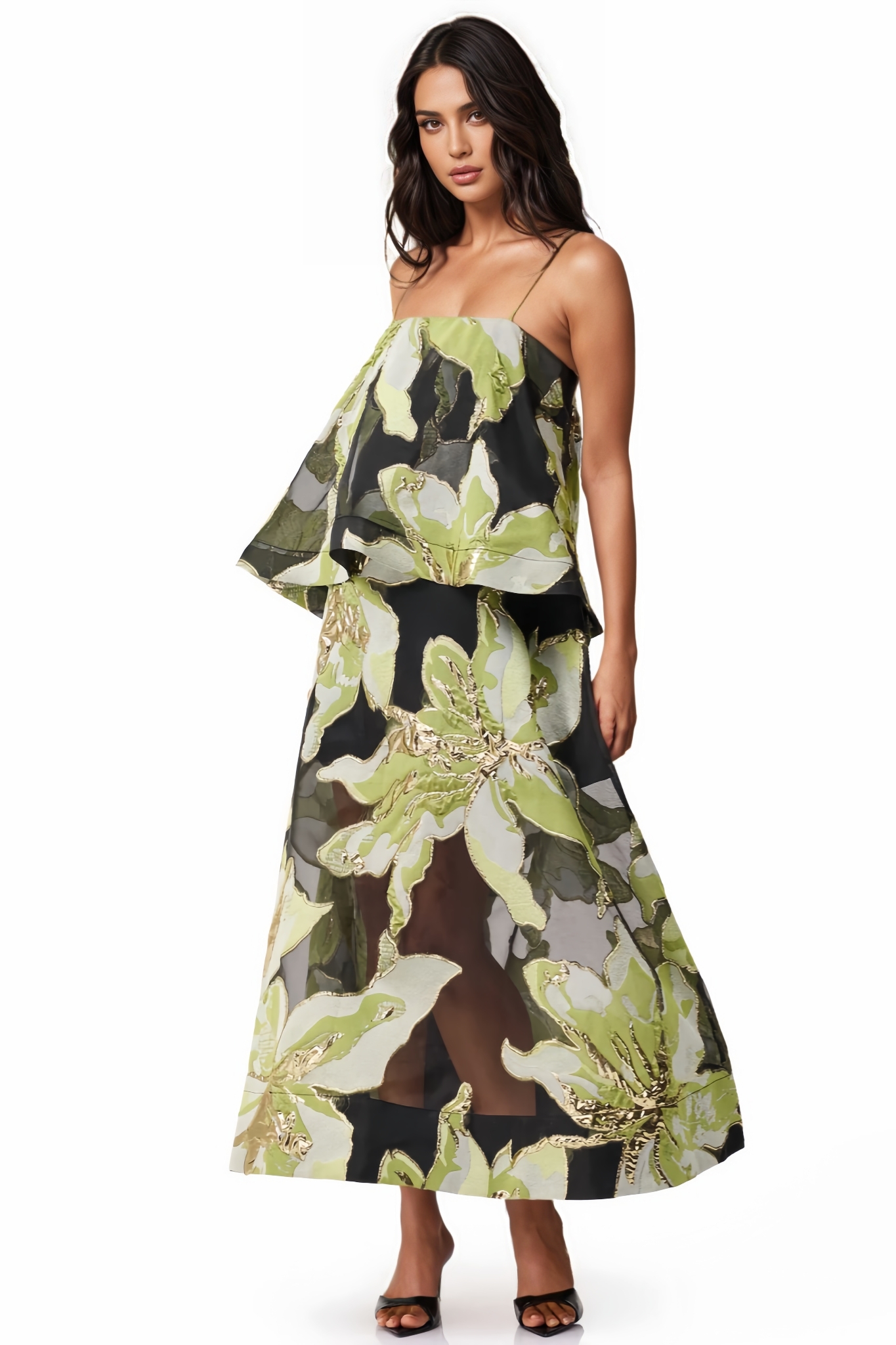 Eniliay Green Floral Print Tiered Maxi Dress