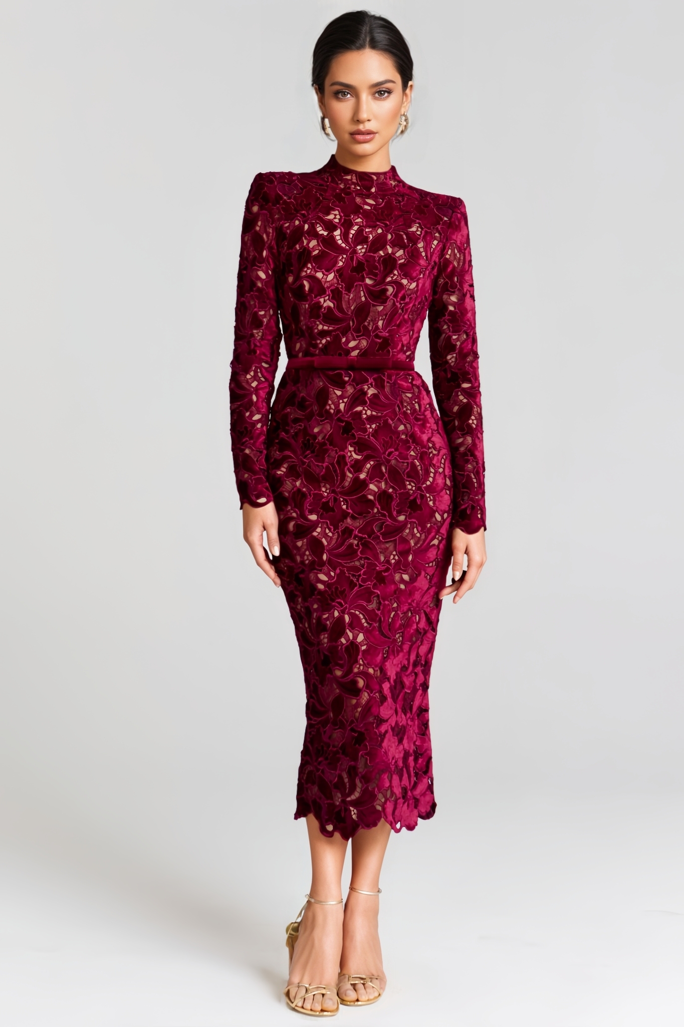 Nevant Red Long Sleeve Floral Midi Dress