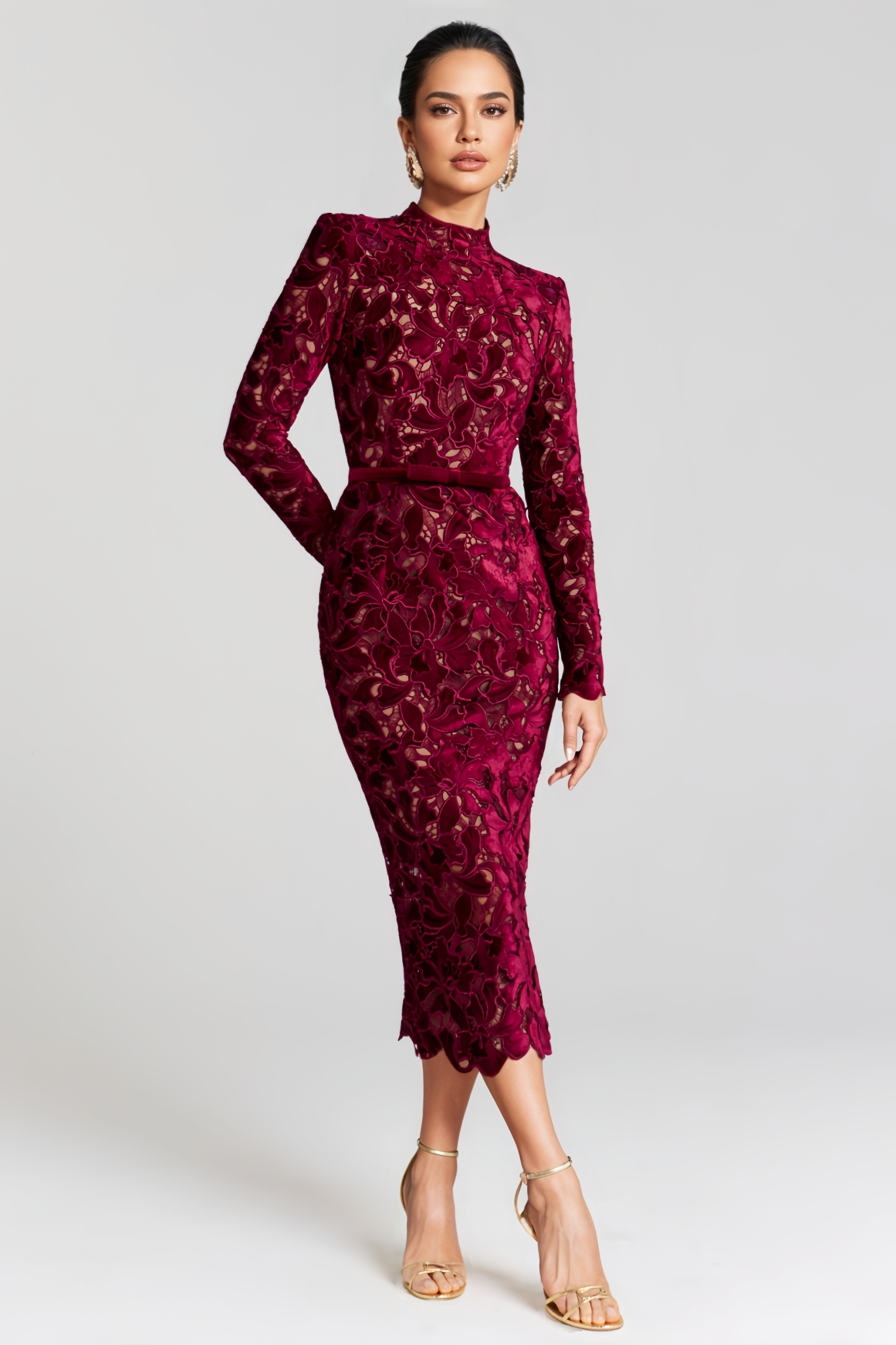 Nevant Red Long Sleeve Floral Midi Dress