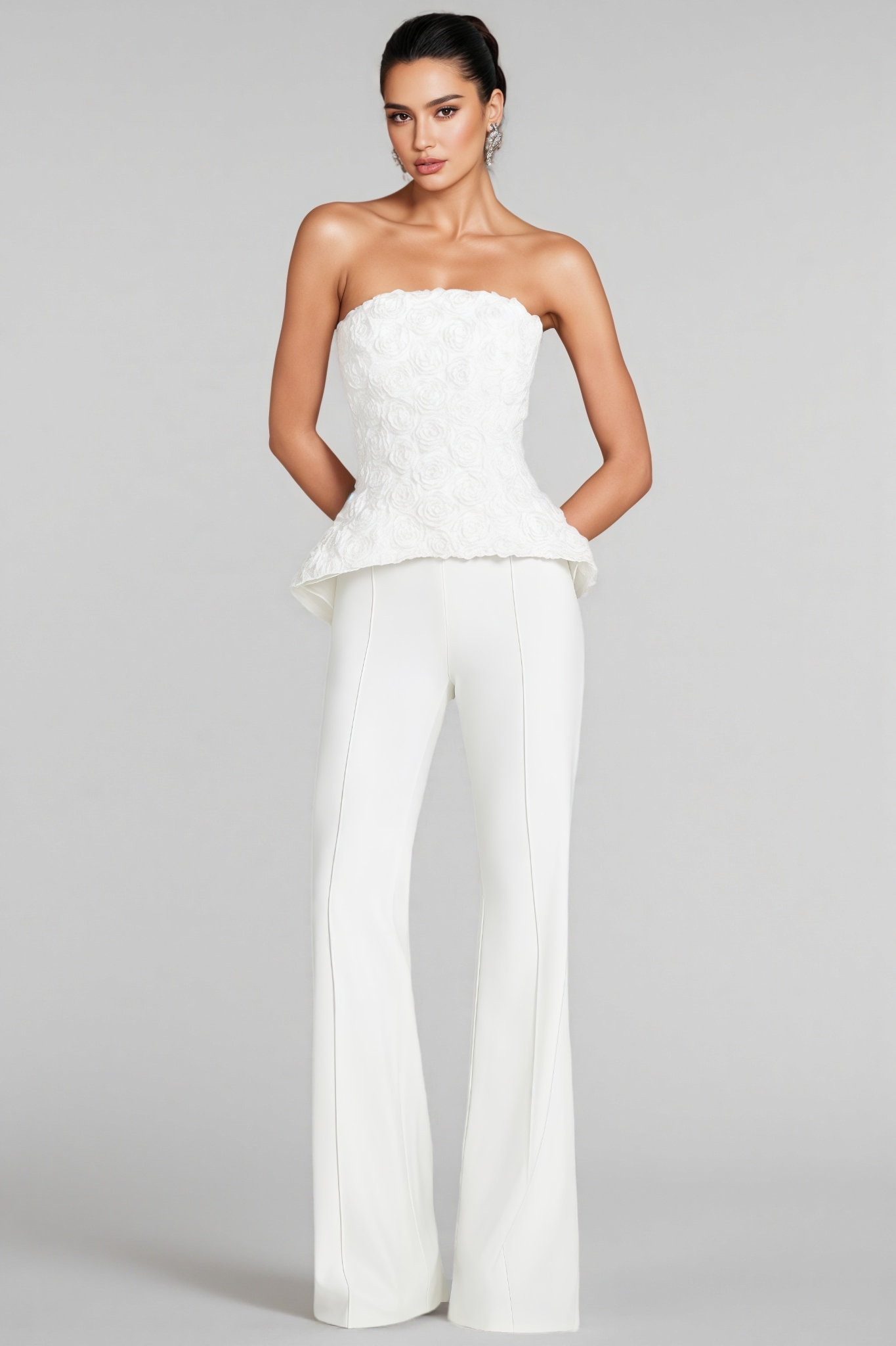 Cathia White Strapless 3D Floral Top Pants Set