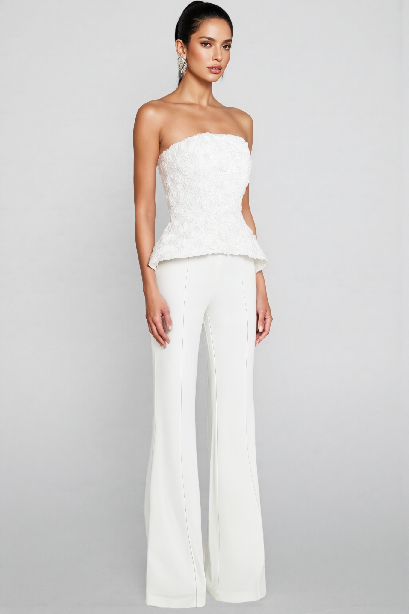 Cathia White Strapless 3D Floral Top Pants Set