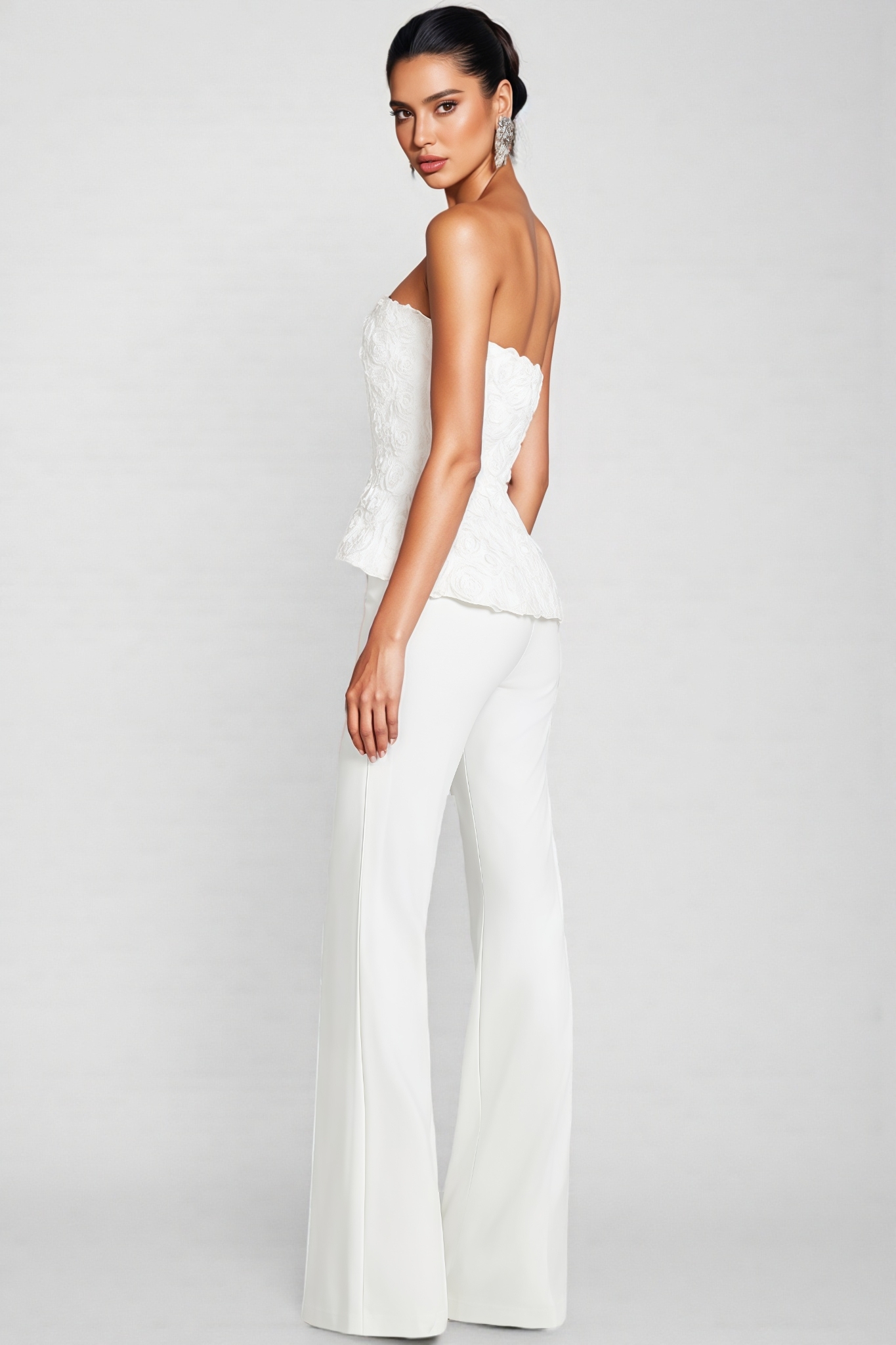 Cathia White Strapless 3D Floral Top Pants Set