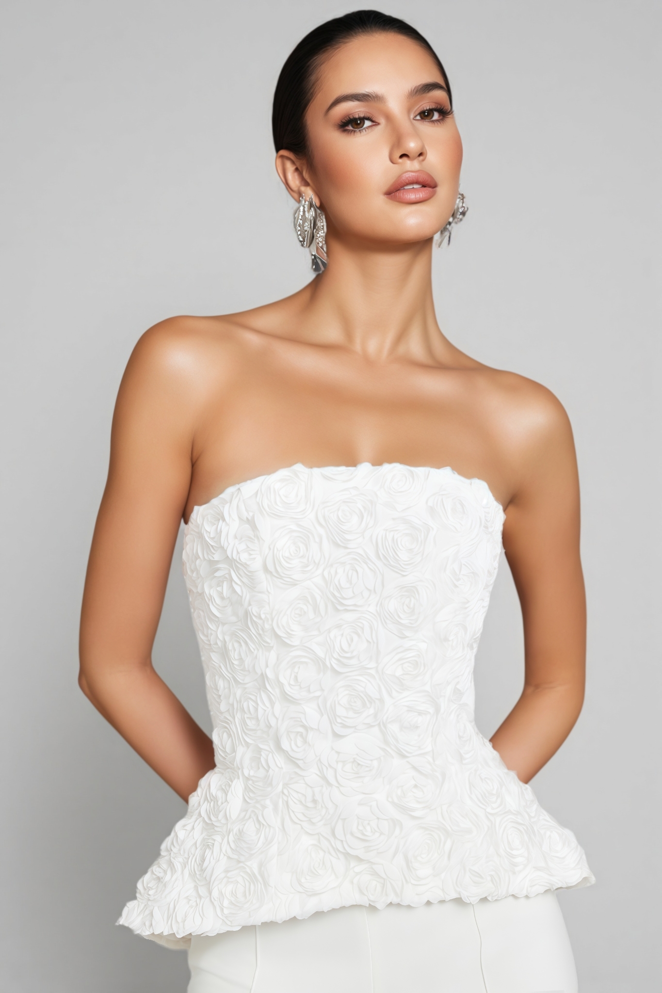 Cathia White Strapless 3D Floral Top Pants Set