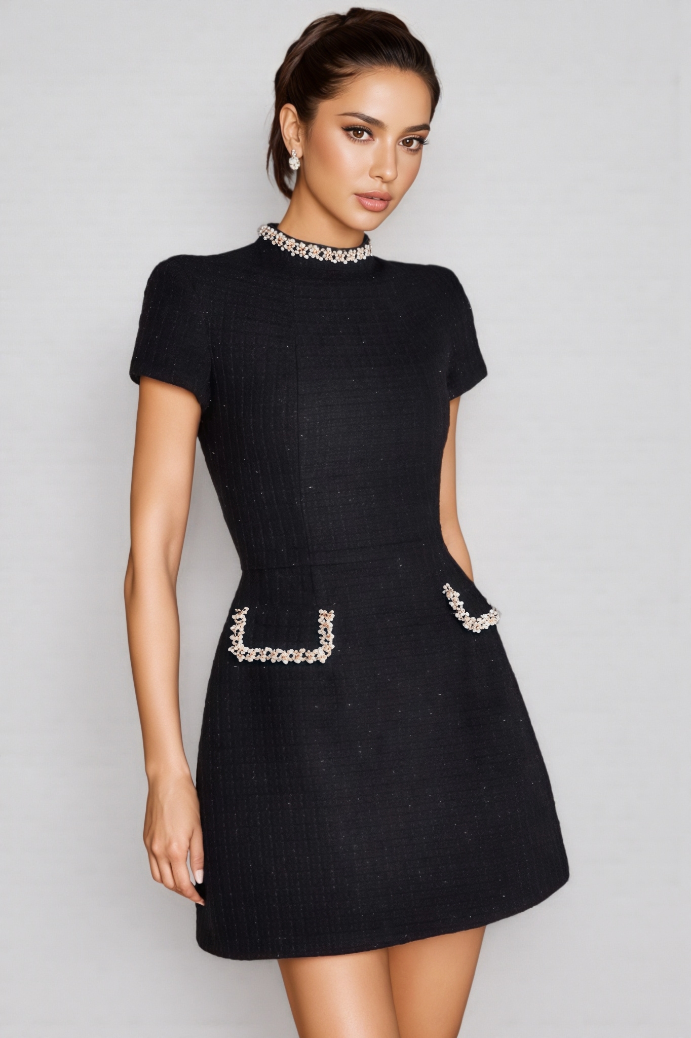 Fifer Black Beaded Chambray Mini Dress