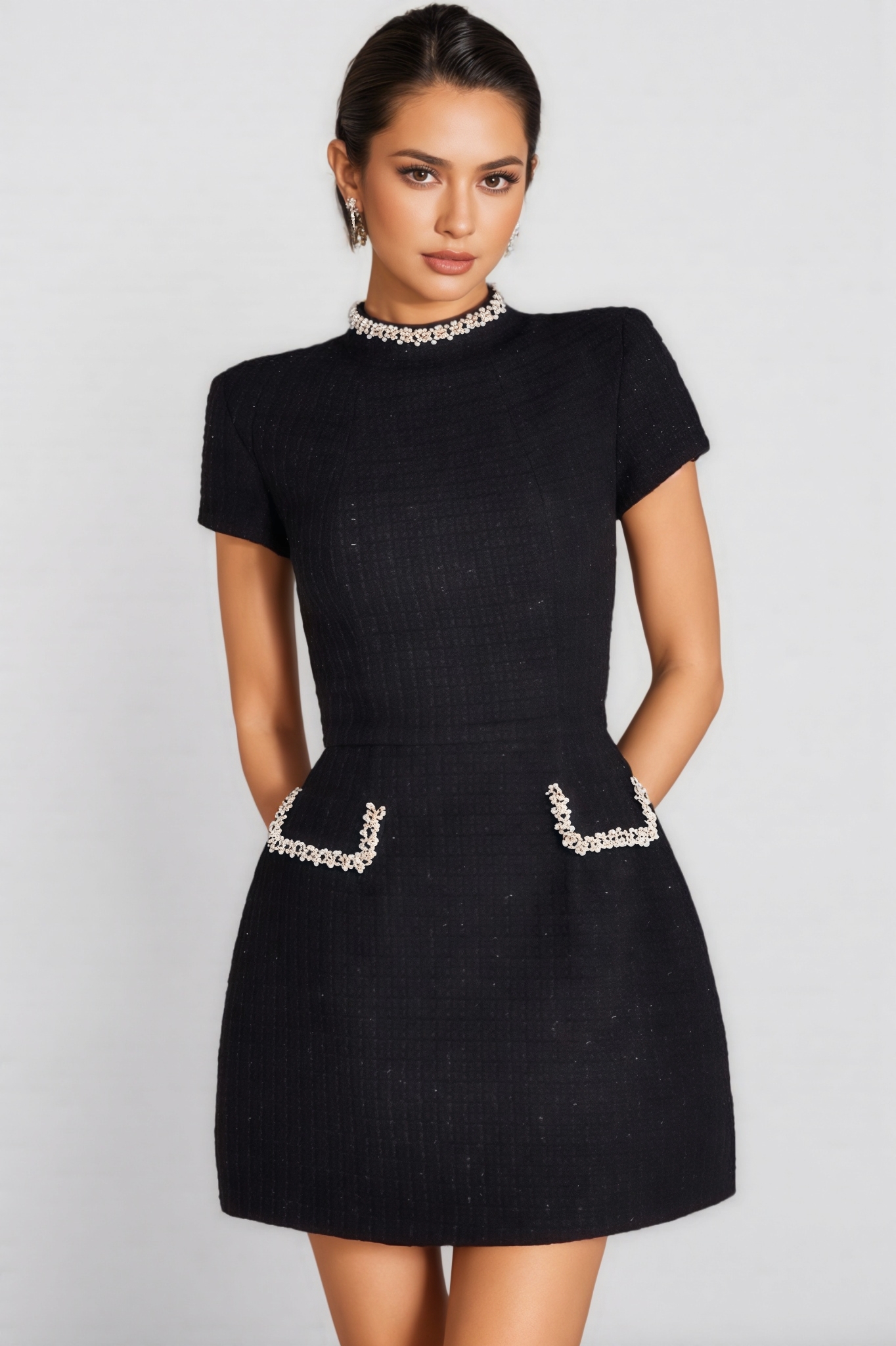 Fifer Black Beaded Chambray Mini Dress