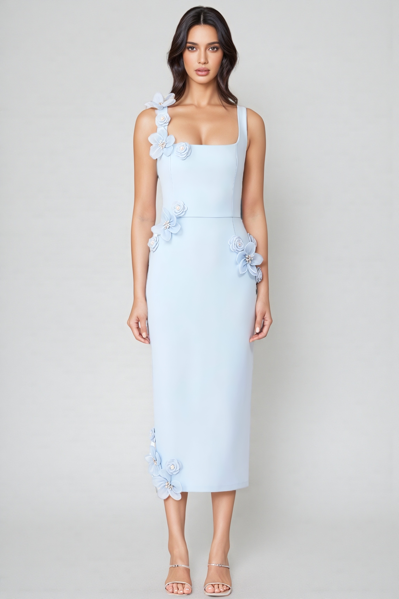 Molao Blue 3D Floral Midi Dress