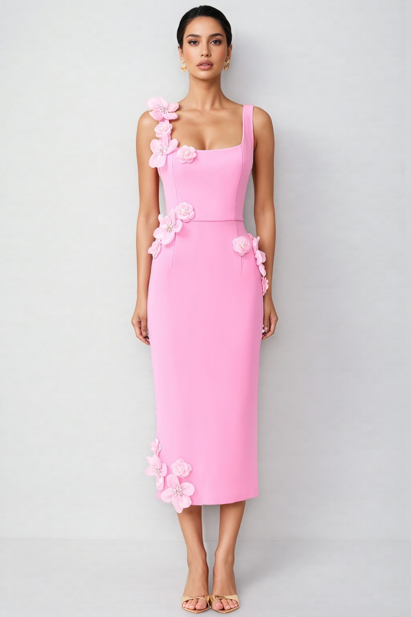 Terlyn Pink 3D Floral Midi Dress