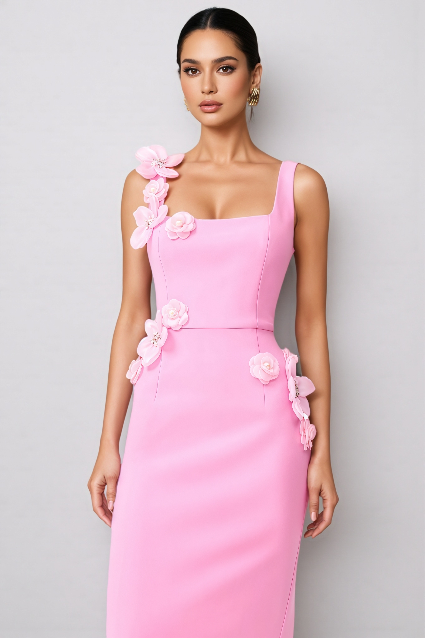 Terlyn Pink 3D Floral Midi Dress