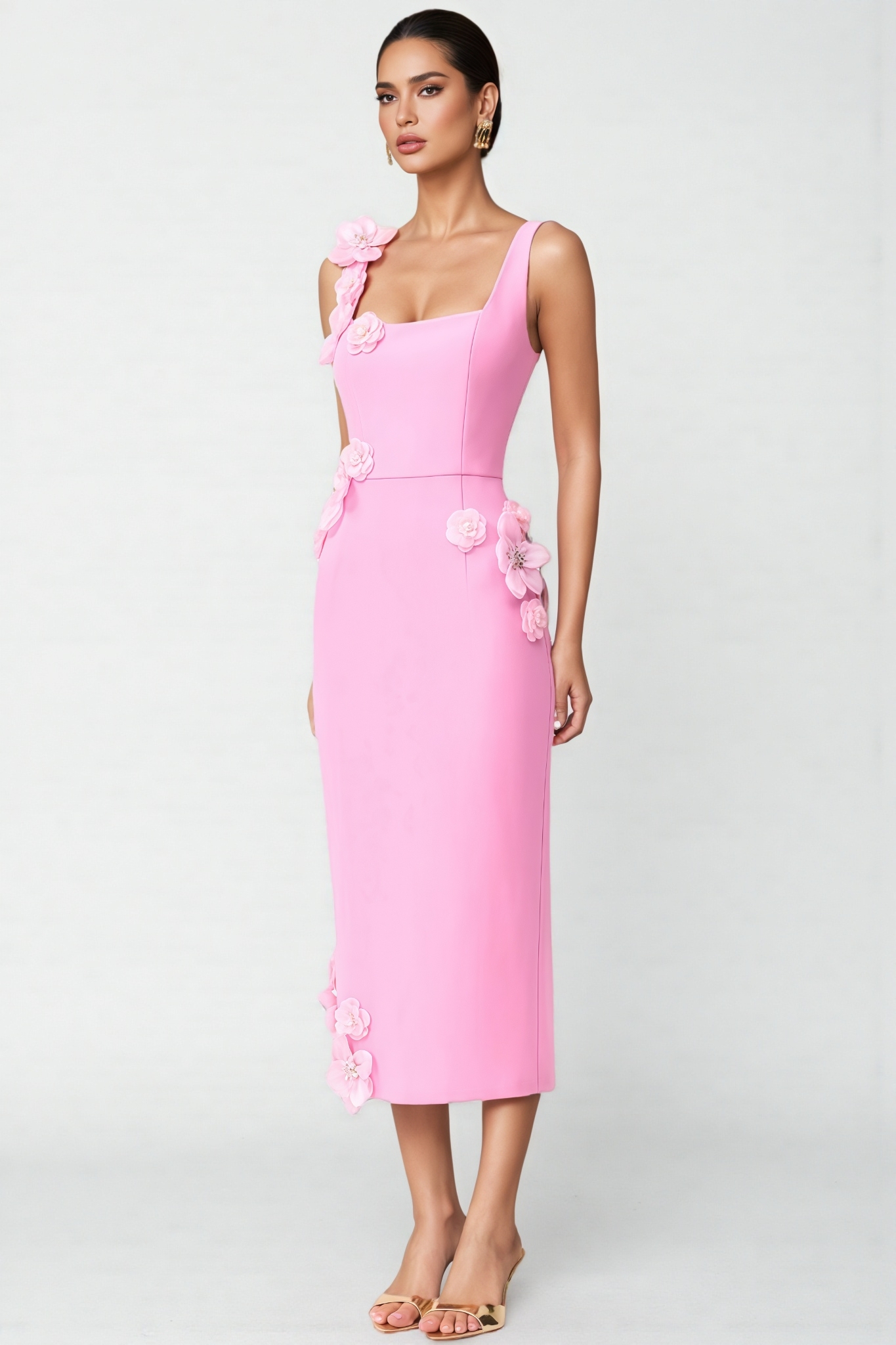 Terlyn Pink 3D Floral Midi Dress