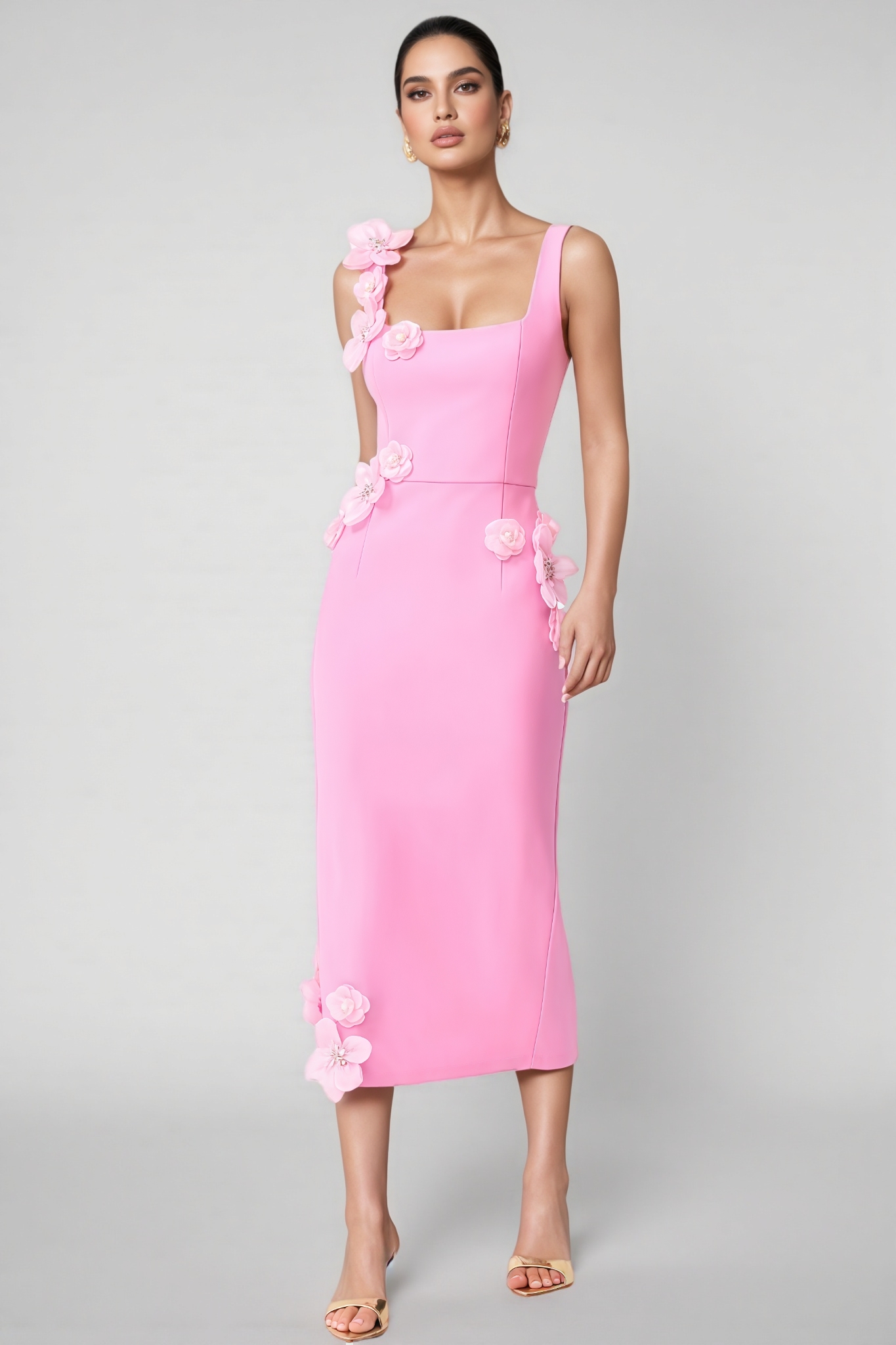 Terlyn Pink 3D Floral Midi Dress