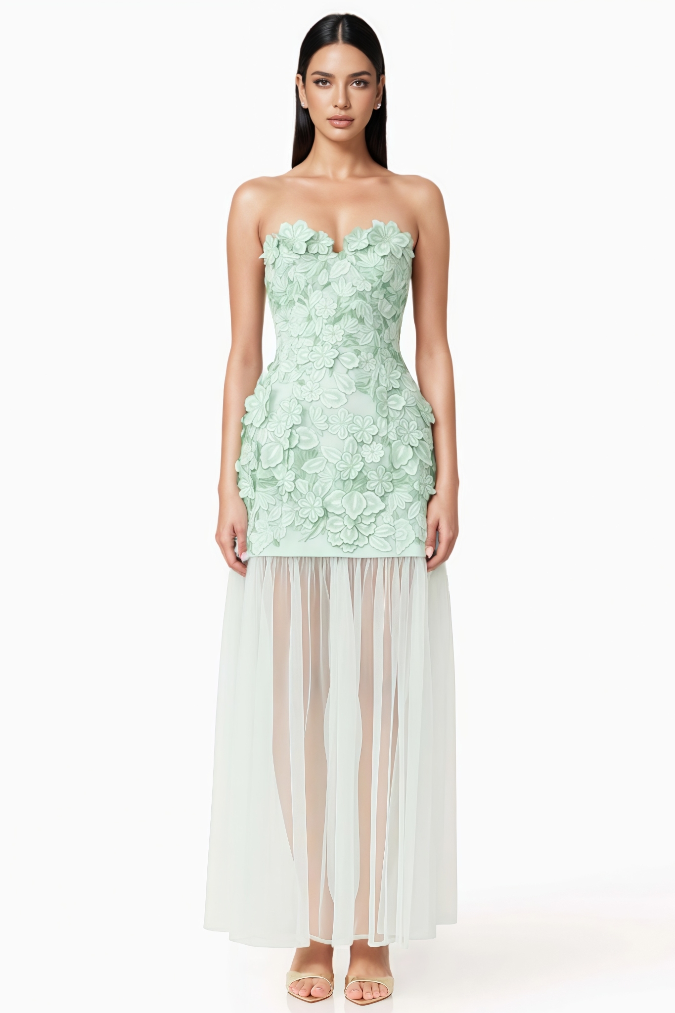 Irnise Green 3D Floral Strapless Maxi Dress