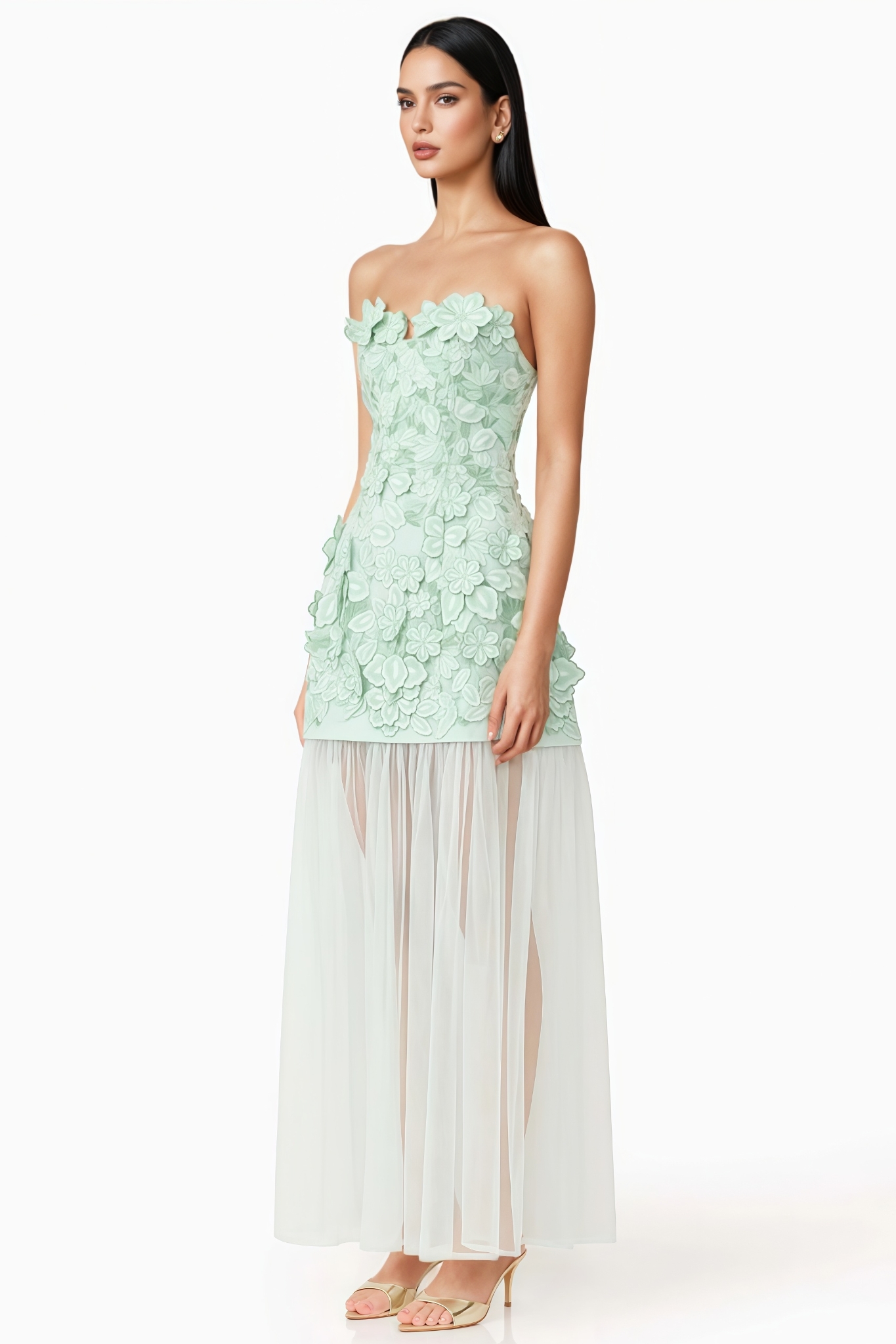 Irnise Green 3D Floral Strapless Maxi Dress