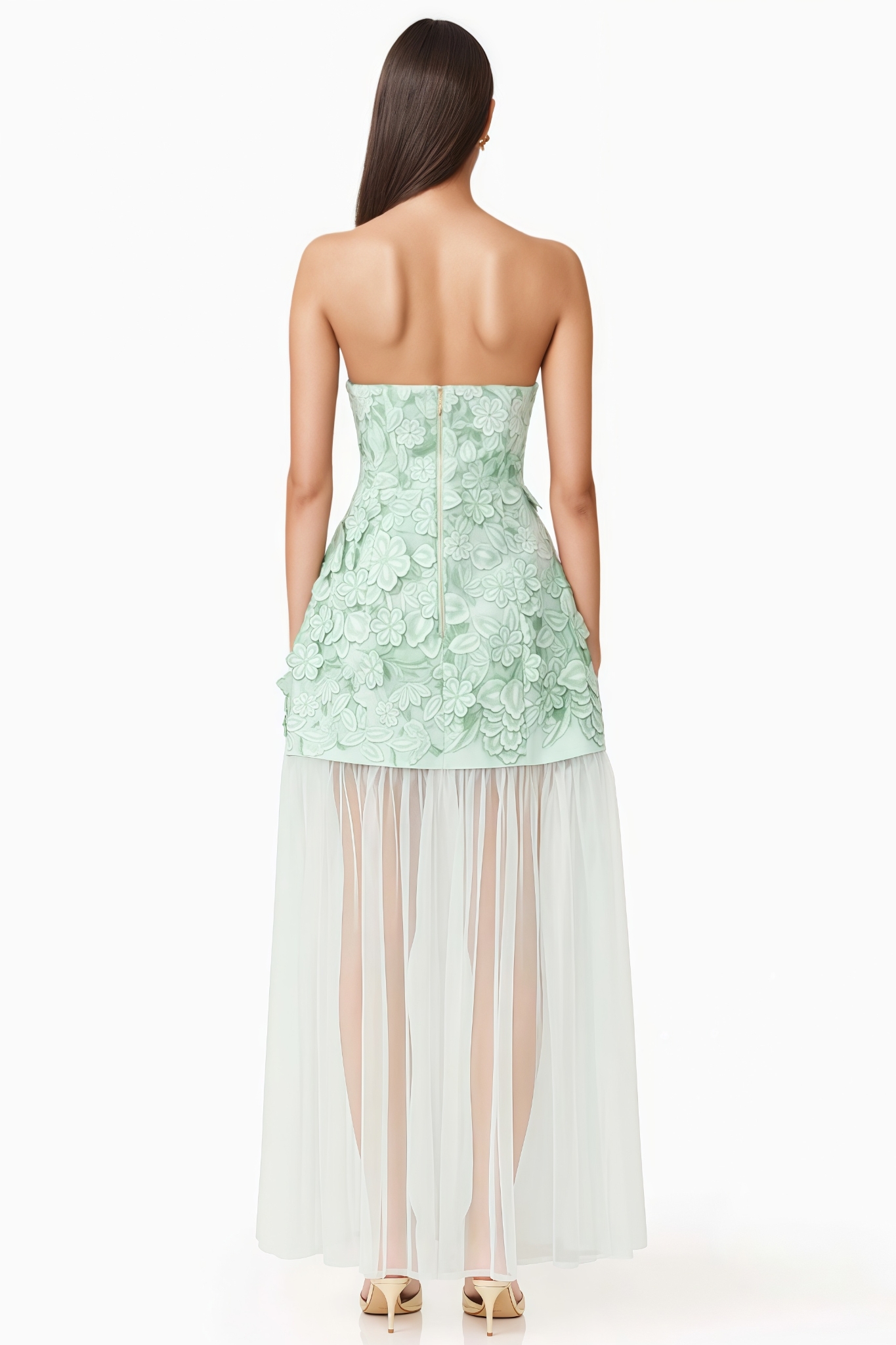Irnise Green 3D Floral Strapless Maxi Dress