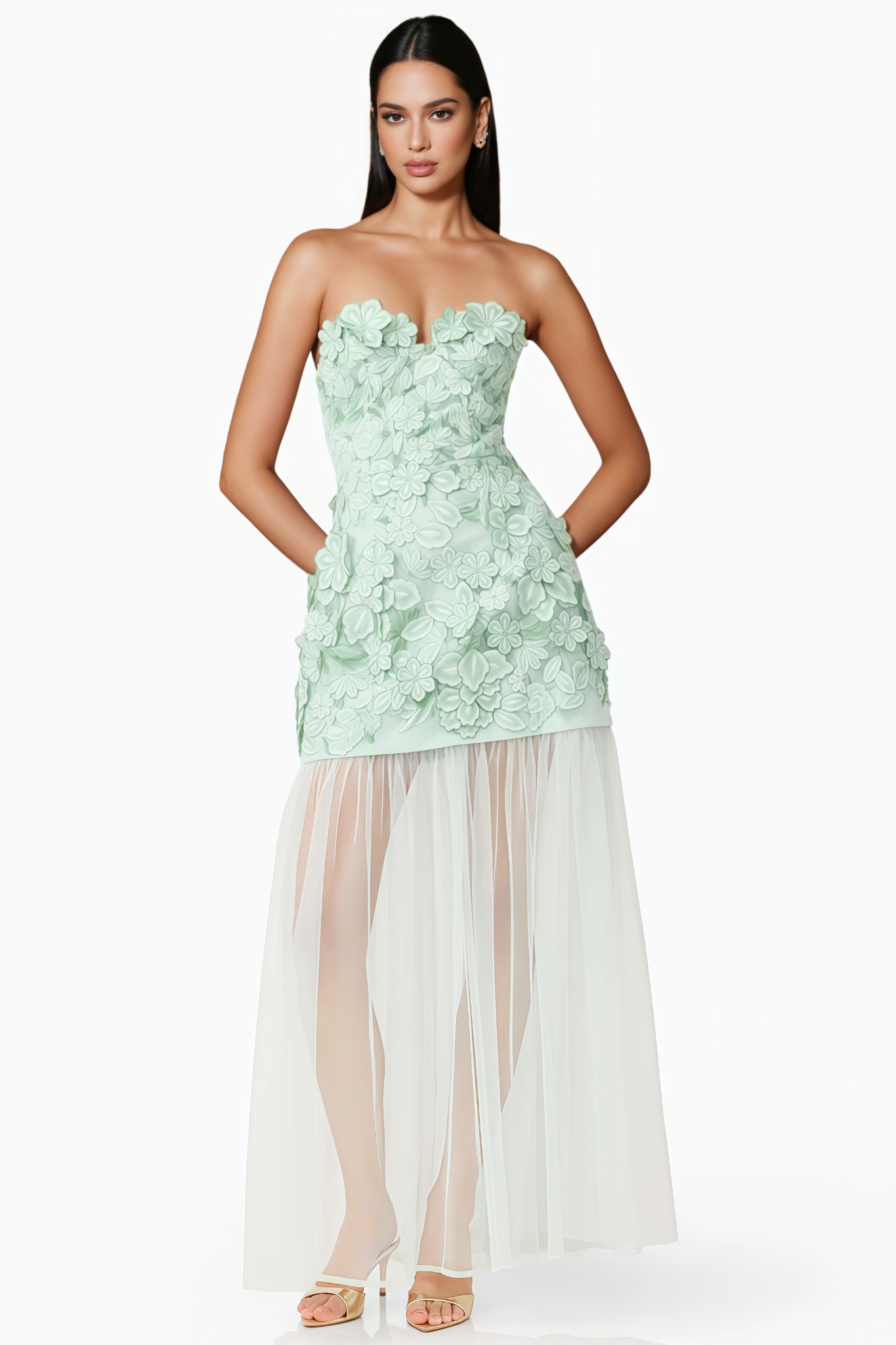 Irnise Green 3D Floral Strapless Maxi Dress