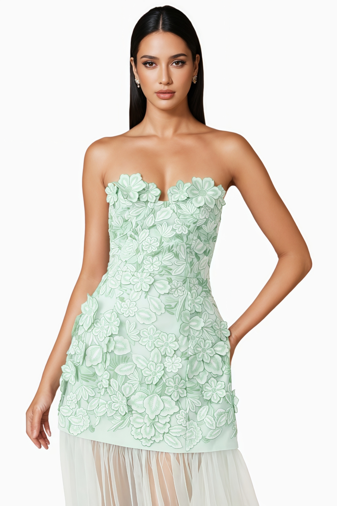 Irnise Green 3D Floral Strapless Maxi Dress
