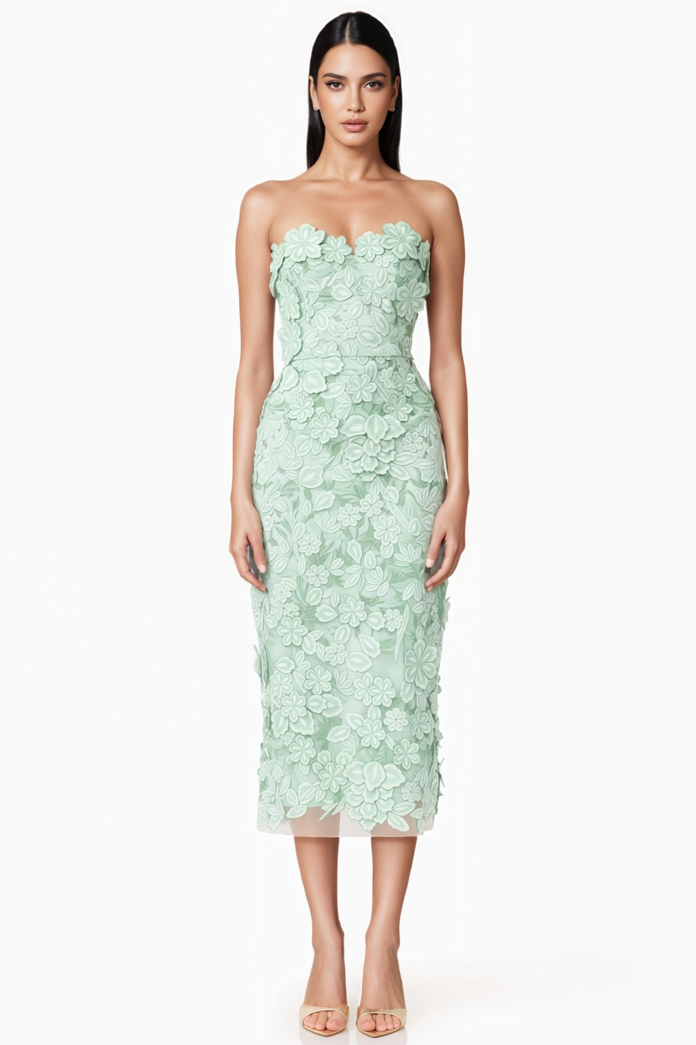 Wrnion Green Strapless 3D Floral Midi Dress