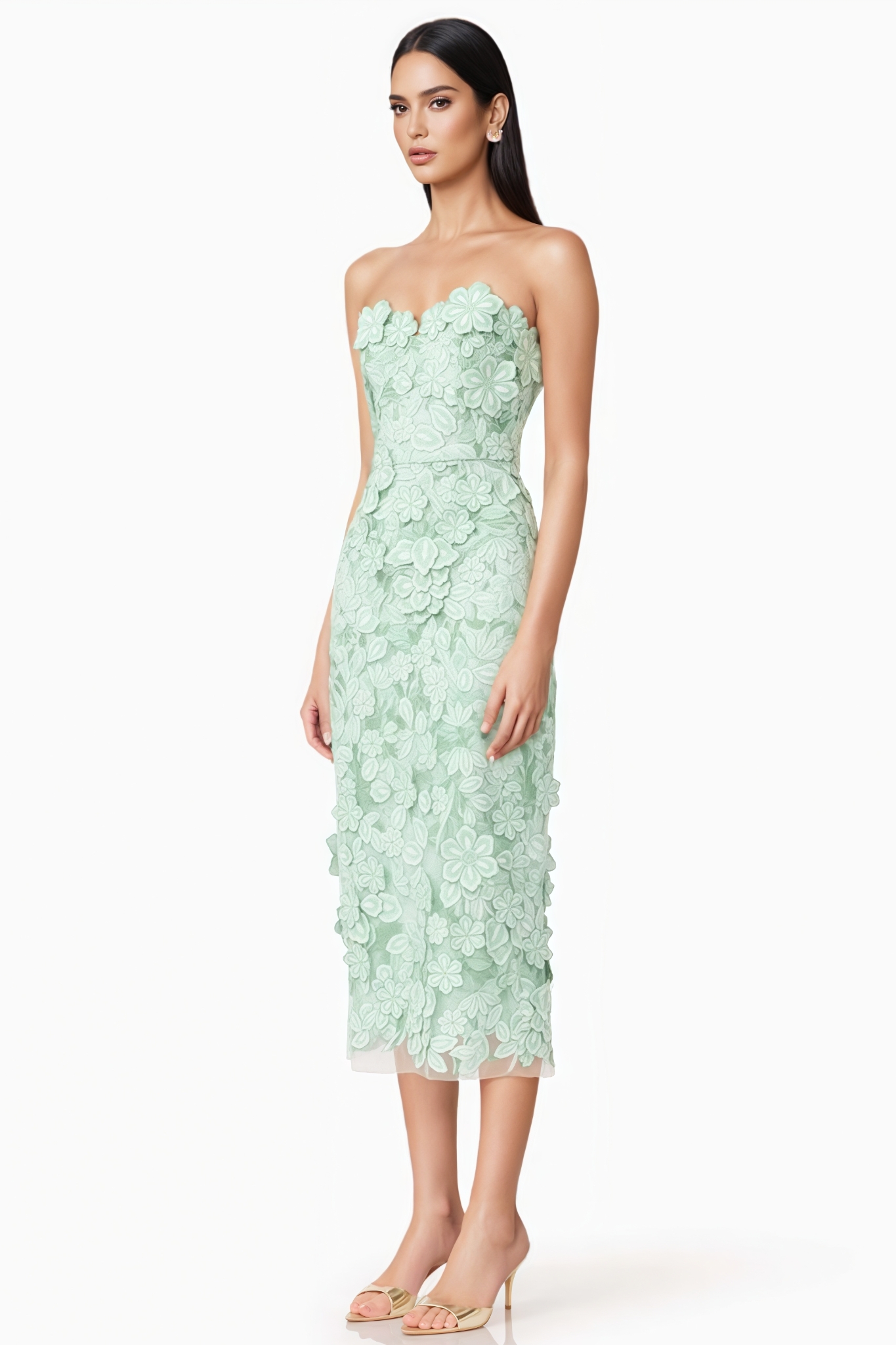 Wrnion Green Strapless 3D Floral Midi Dress