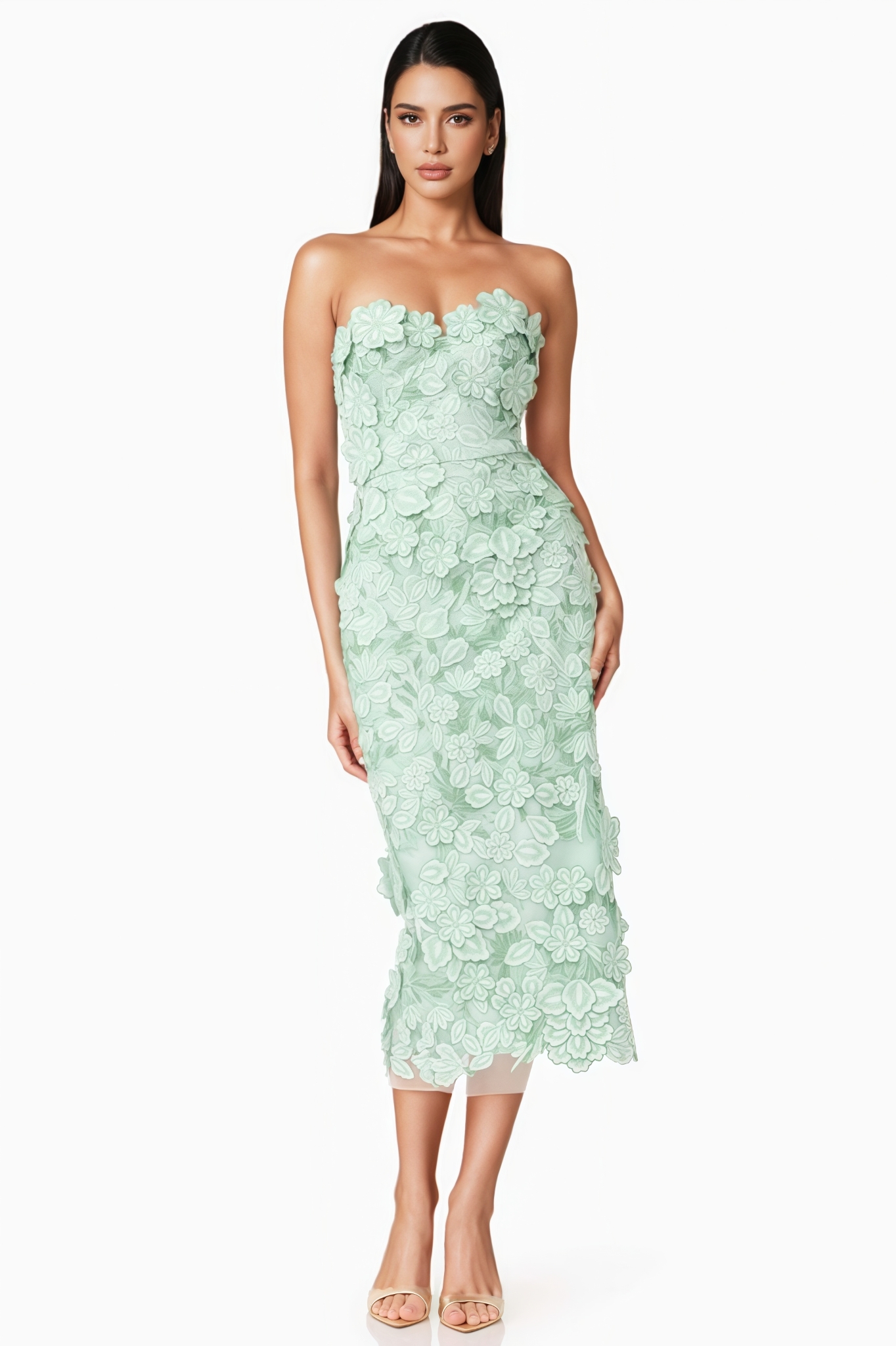 Wrnion Green Strapless 3D Floral Midi Dress
