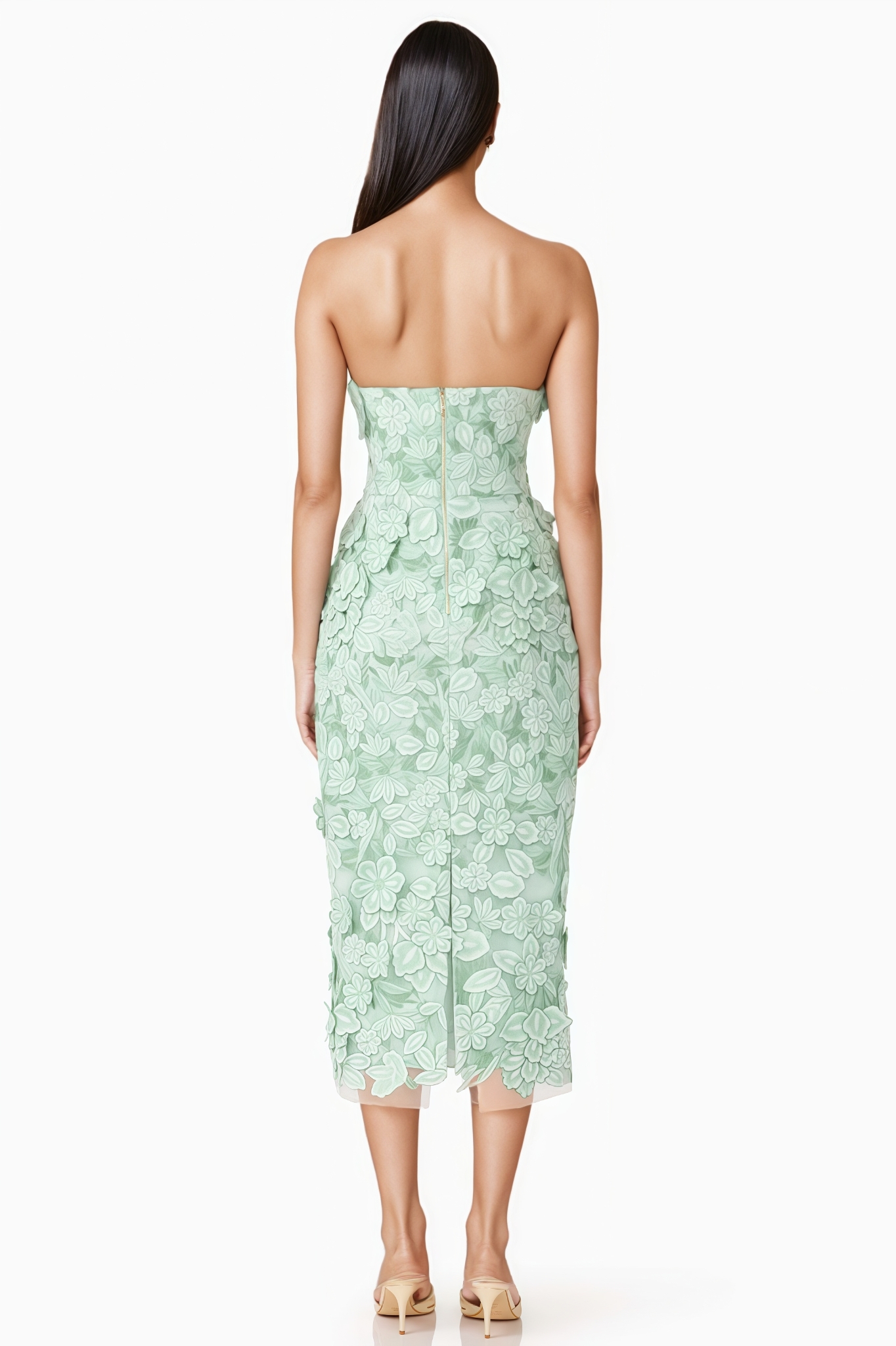 Wrnion Green Strapless 3D Floral Midi Dress