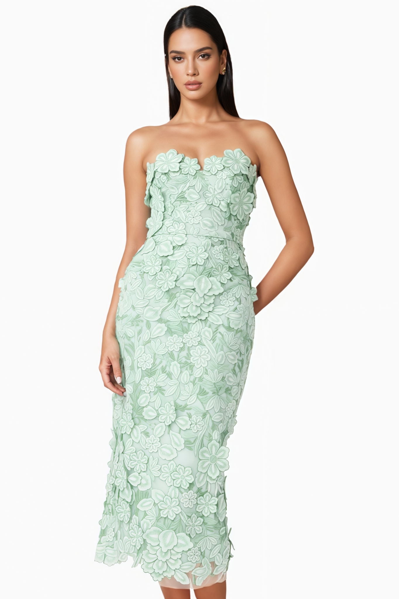 Wrnion Green Strapless 3D Floral Midi Dress