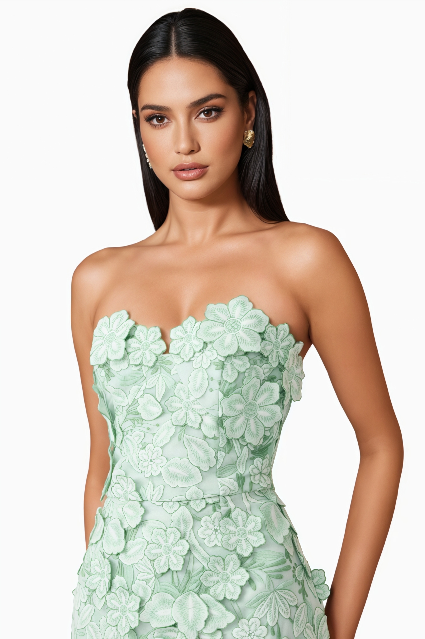 Wrnion Green Strapless 3D Floral Midi Dress