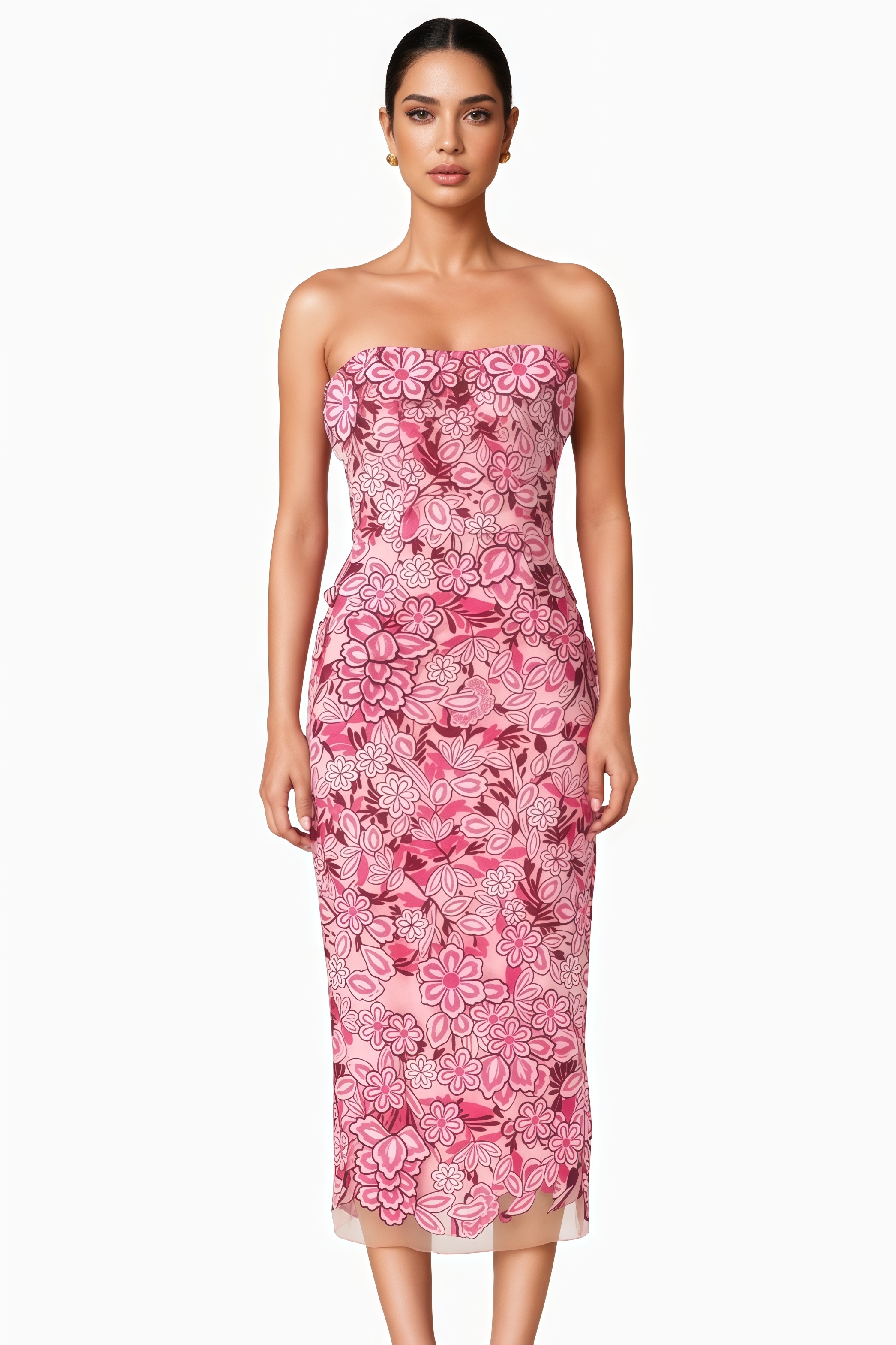 Piamht Pink Strapless 3D Floral Midi Dress