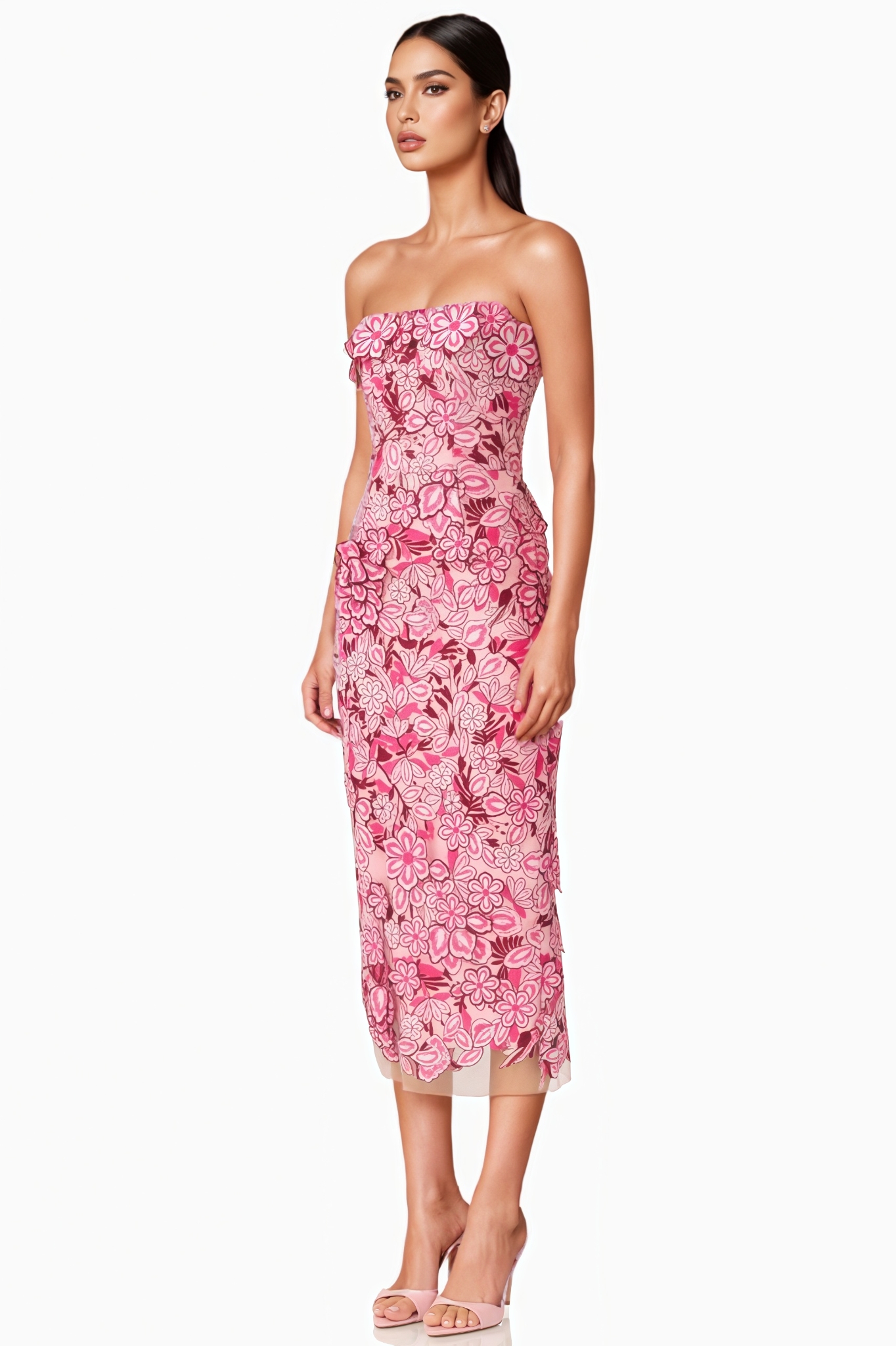 Piamht Pink Strapless 3D Floral Midi Dress