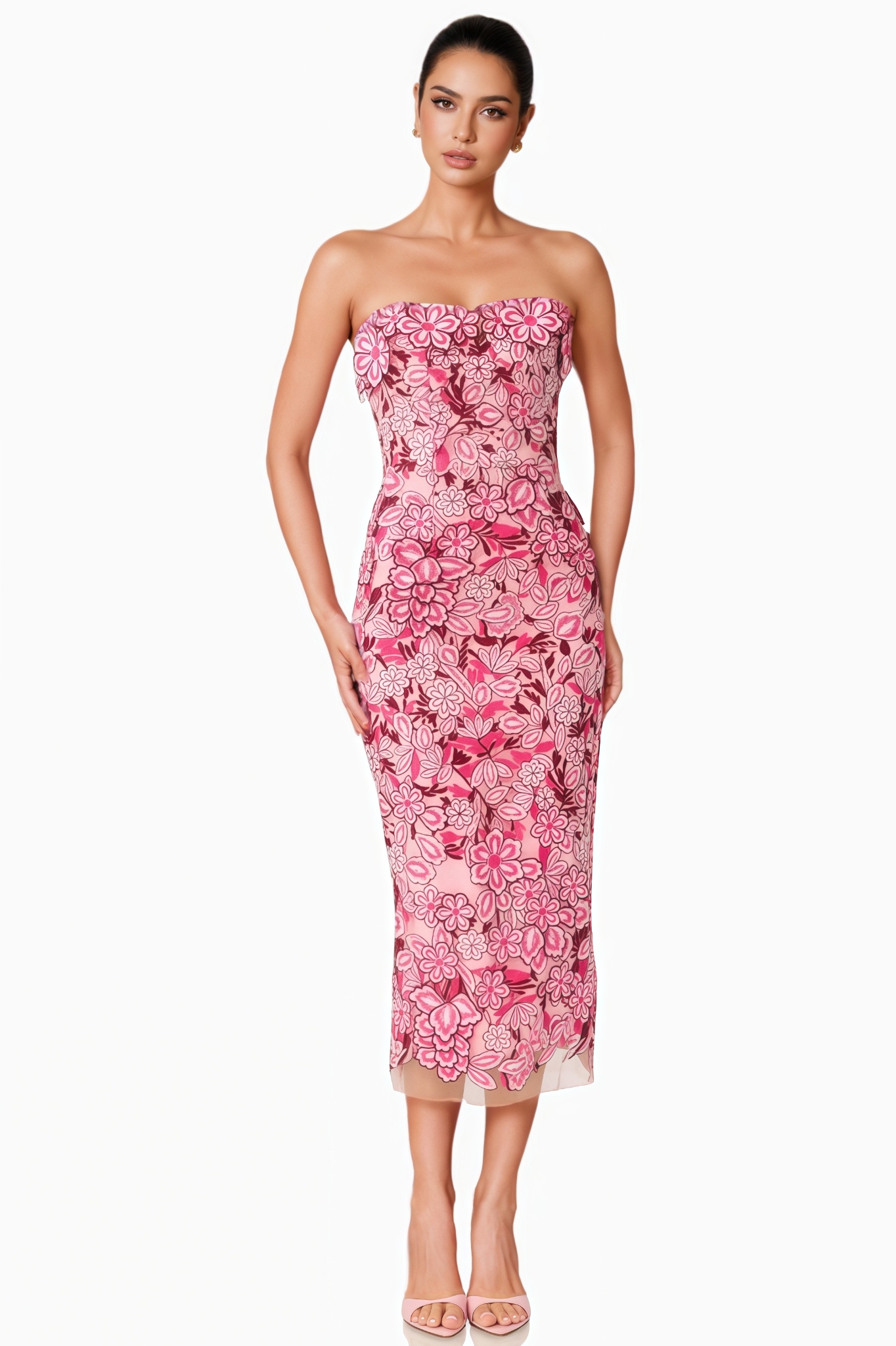 Piamht Pink Strapless 3D Floral Midi Dress