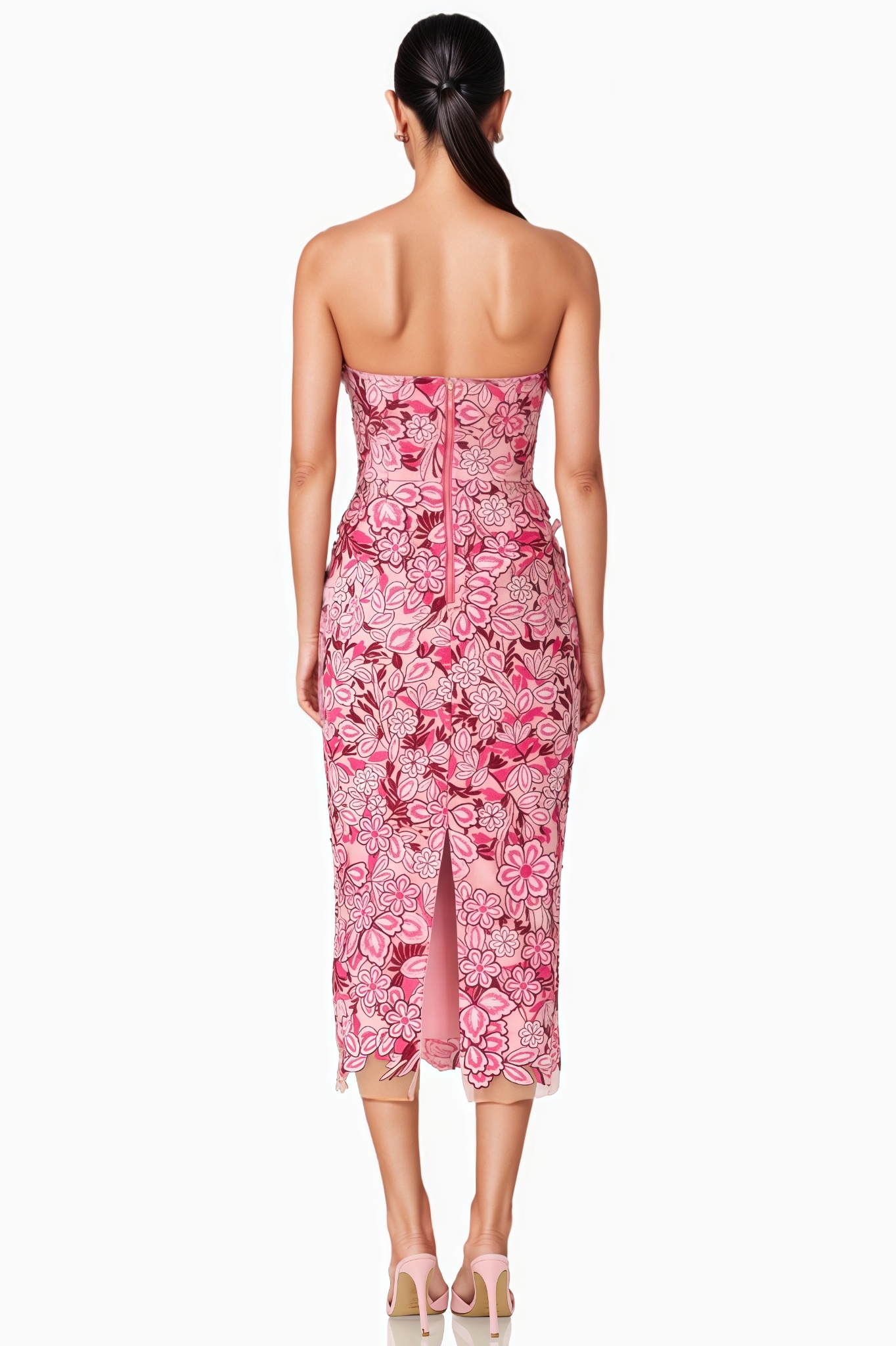 Piamht Pink Strapless 3D Floral Midi Dress