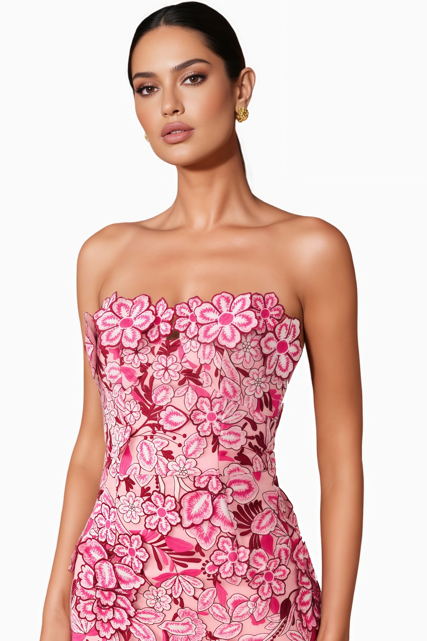 Piamht Pink Strapless 3D Floral Midi Dress