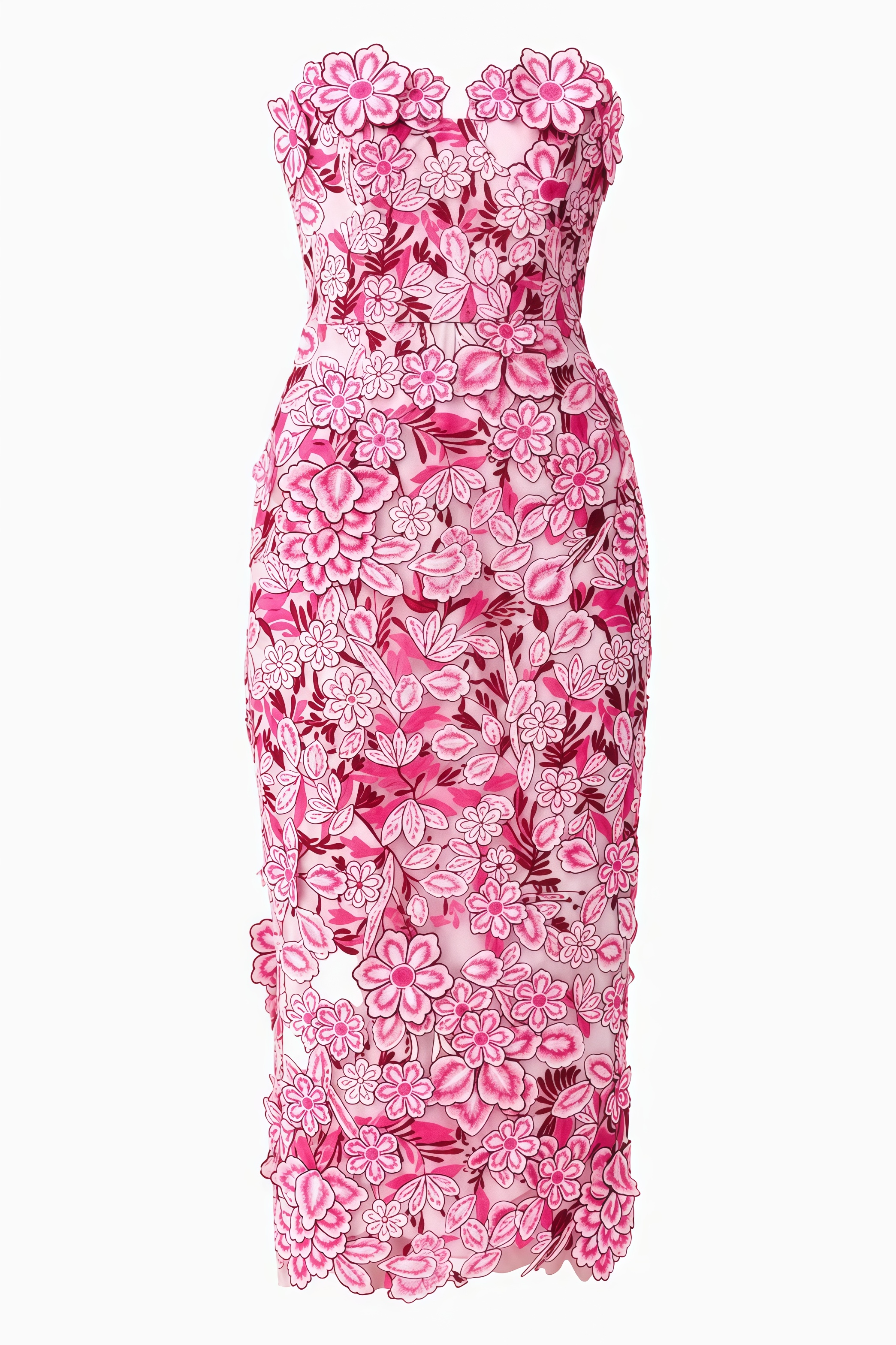 Piamht Pink Strapless 3D Floral Midi Dress