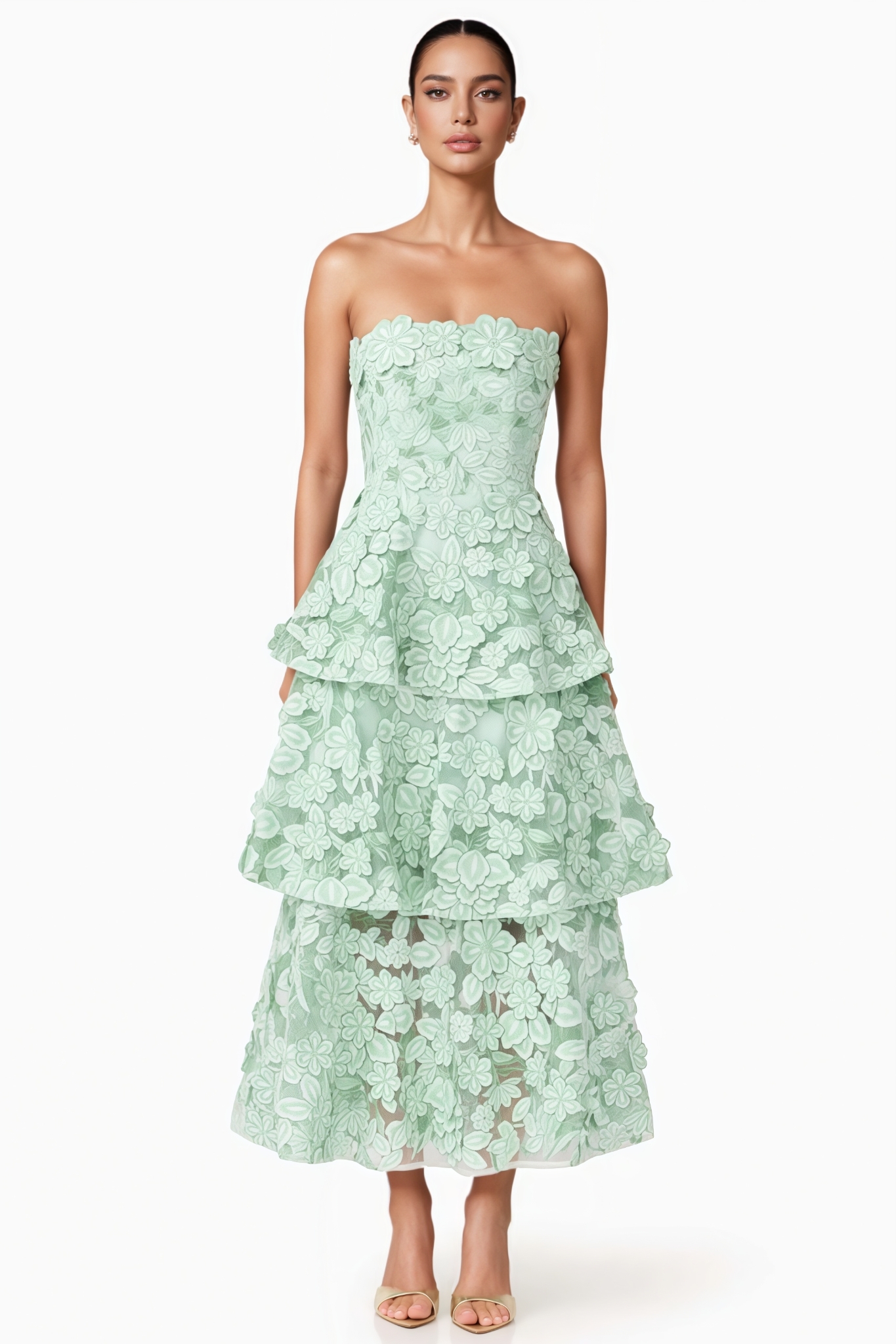 Gadric Green Strapless 3D Floral Maxi Dress