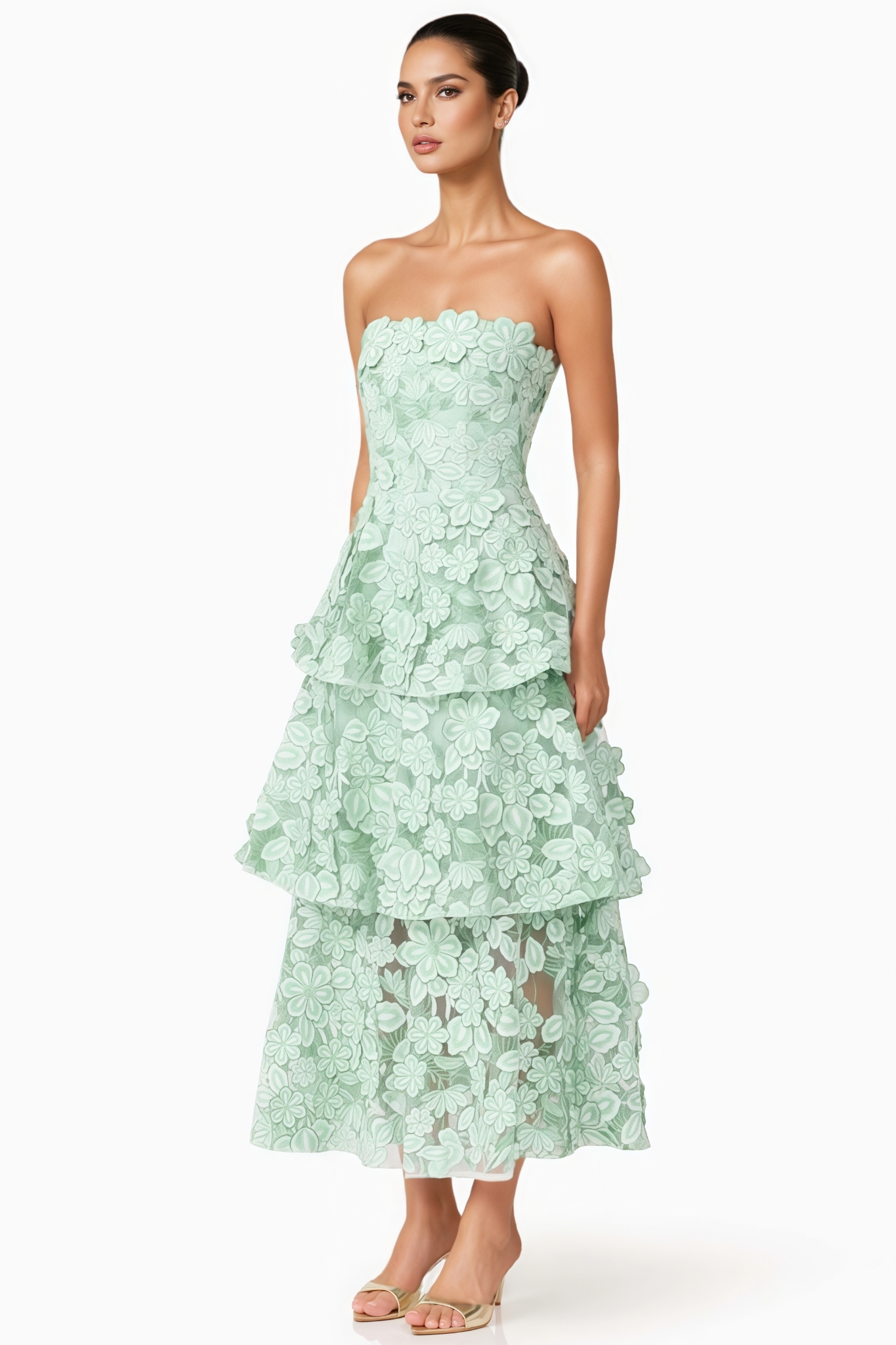 Gadric Green Strapless 3D Floral Maxi Dress