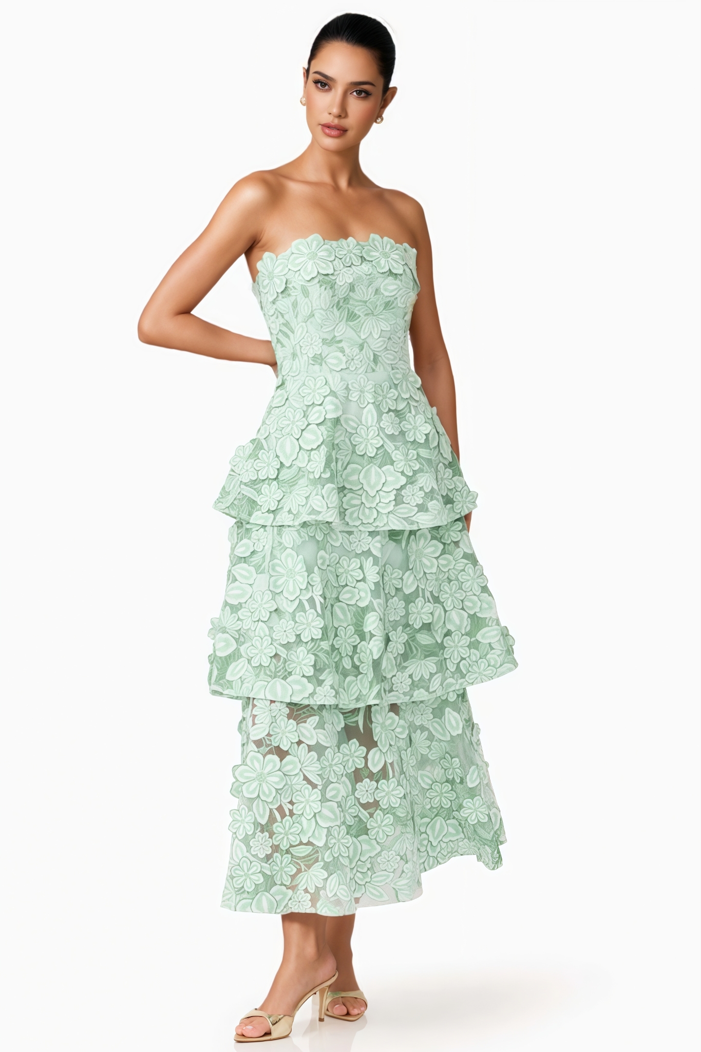 Gadric Green Strapless 3D Floral Maxi Dress