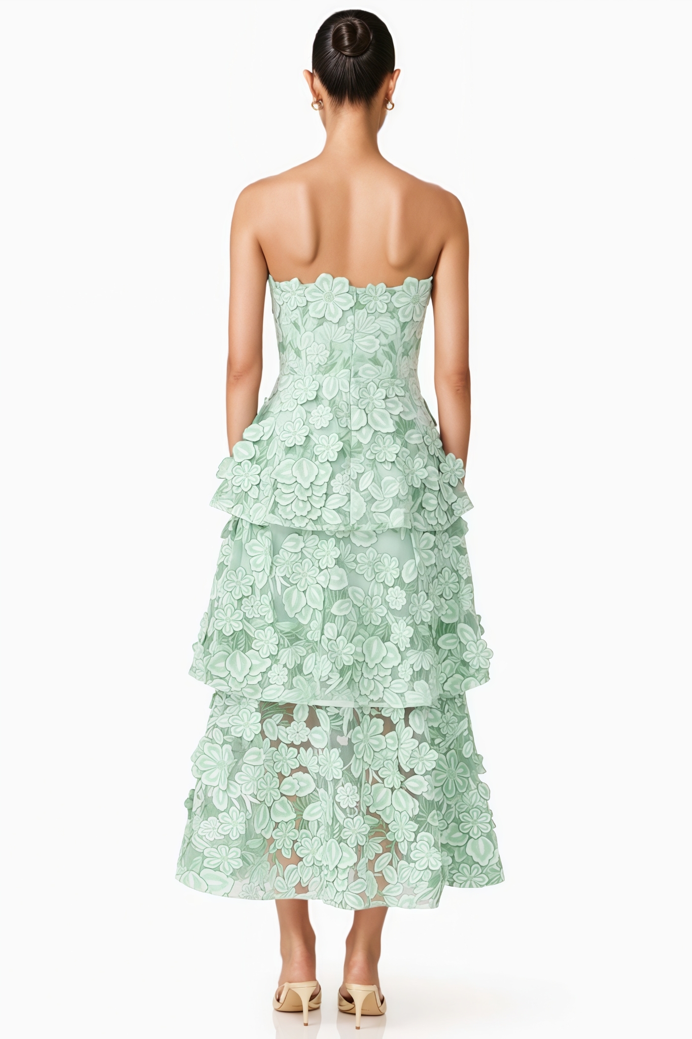 Gadric Green Strapless 3D Floral Maxi Dress