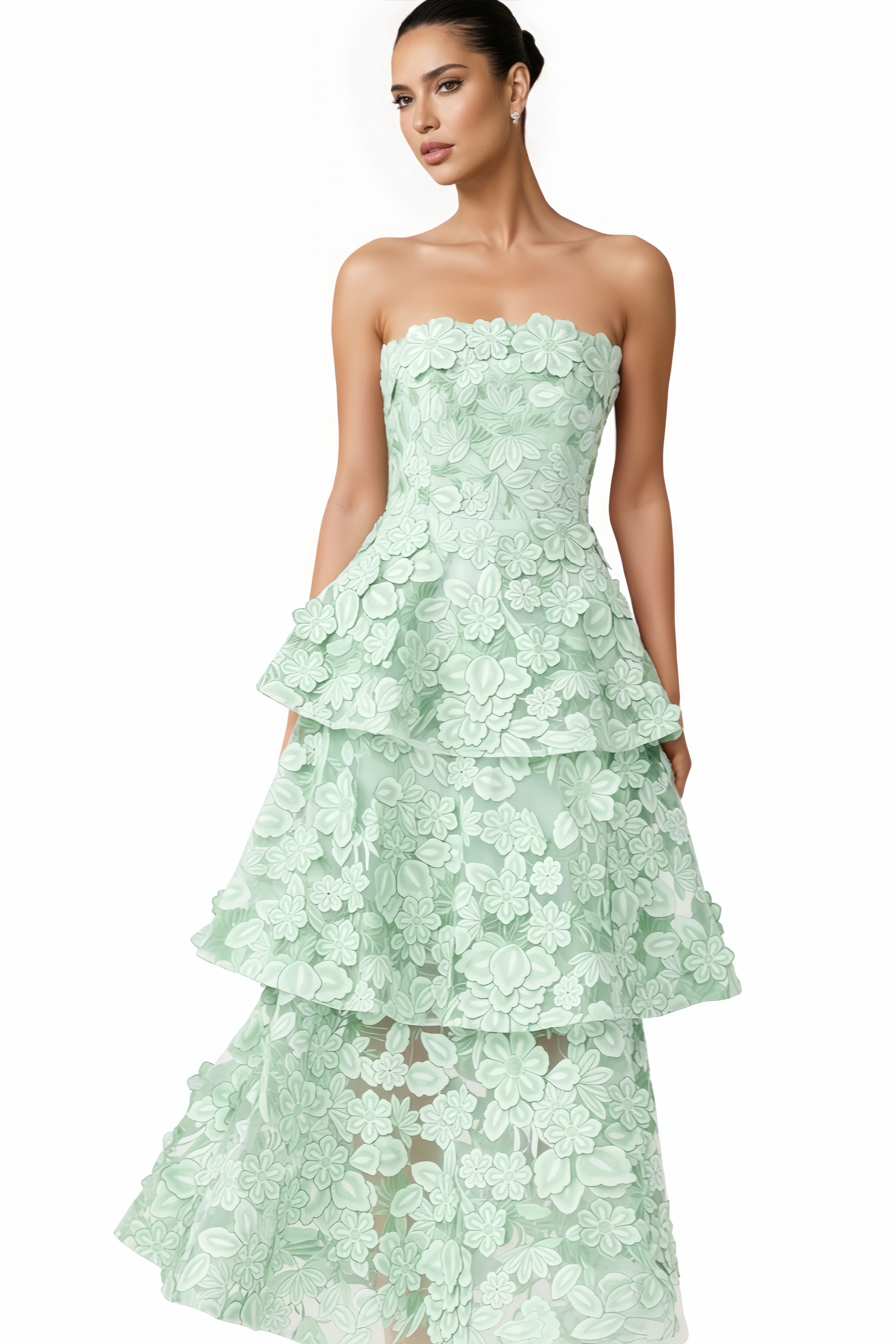 Gadric Green Strapless 3D Floral Maxi Dress