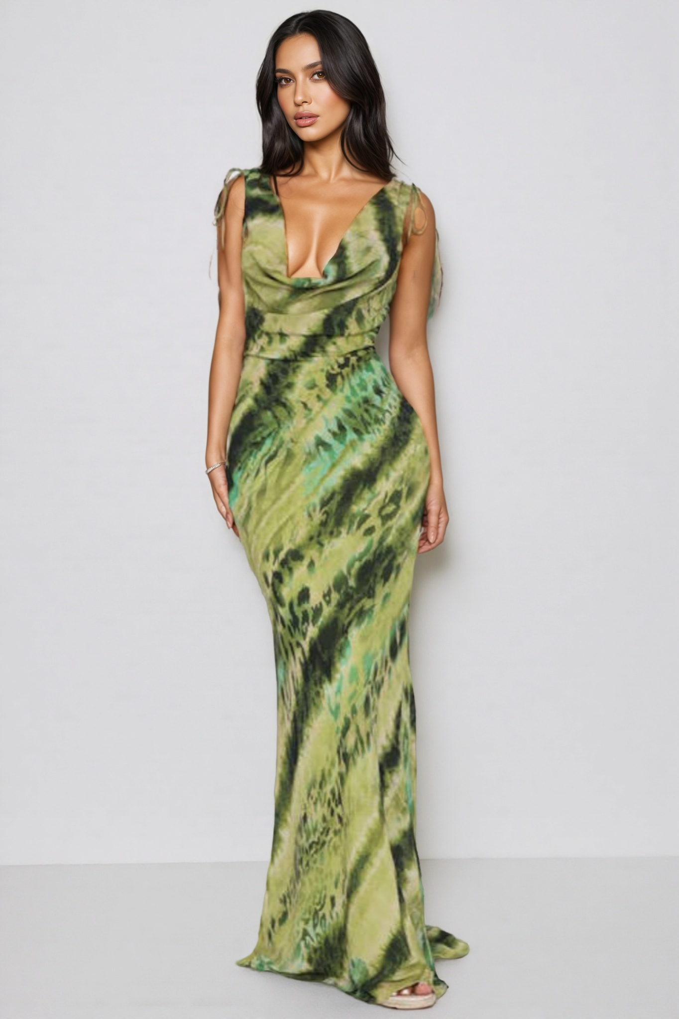 Erika Green Print Deep V Backless Maxi Dress