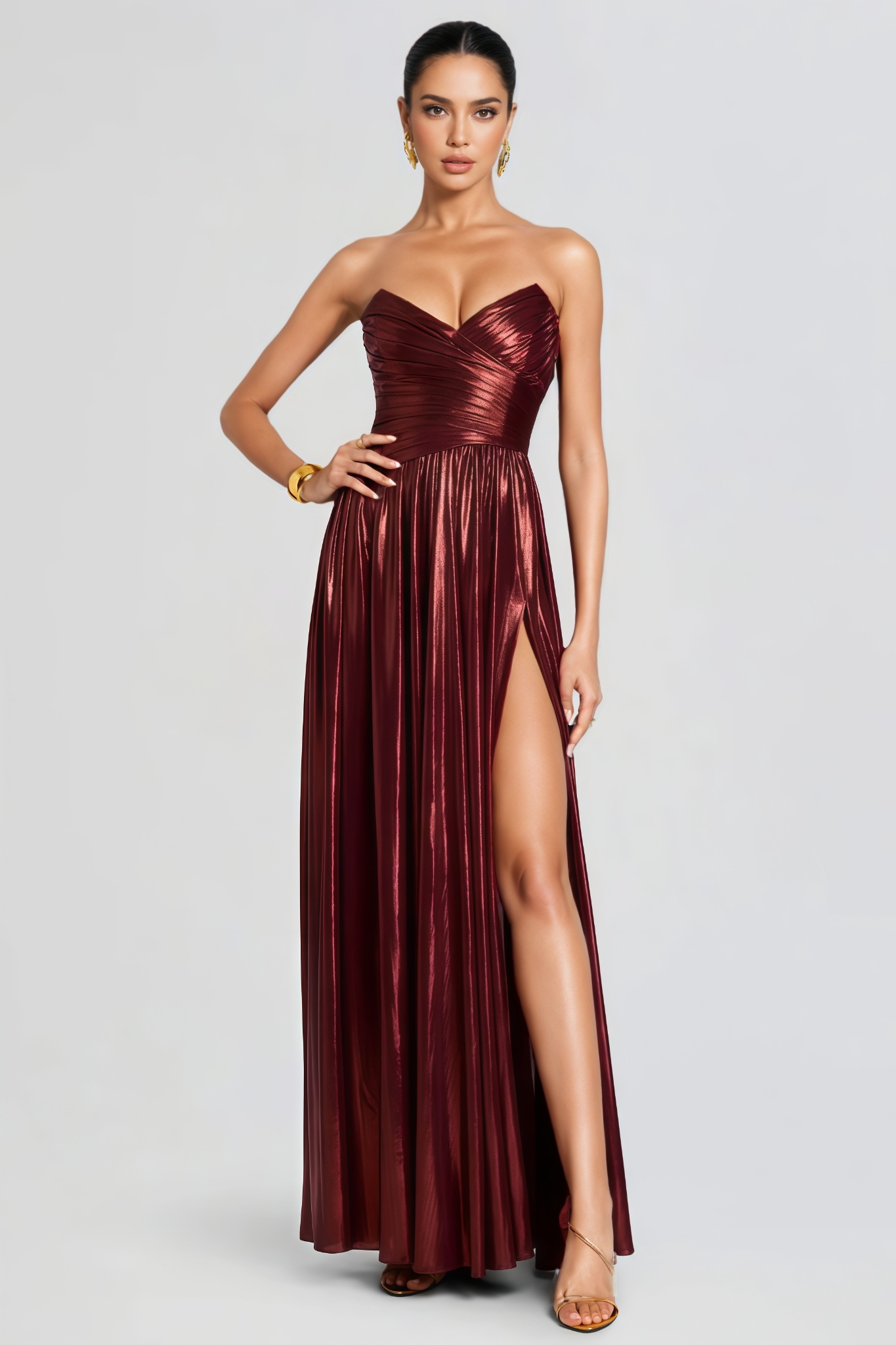 Osiny Red Strapless Ruched Slit Maxi Dress