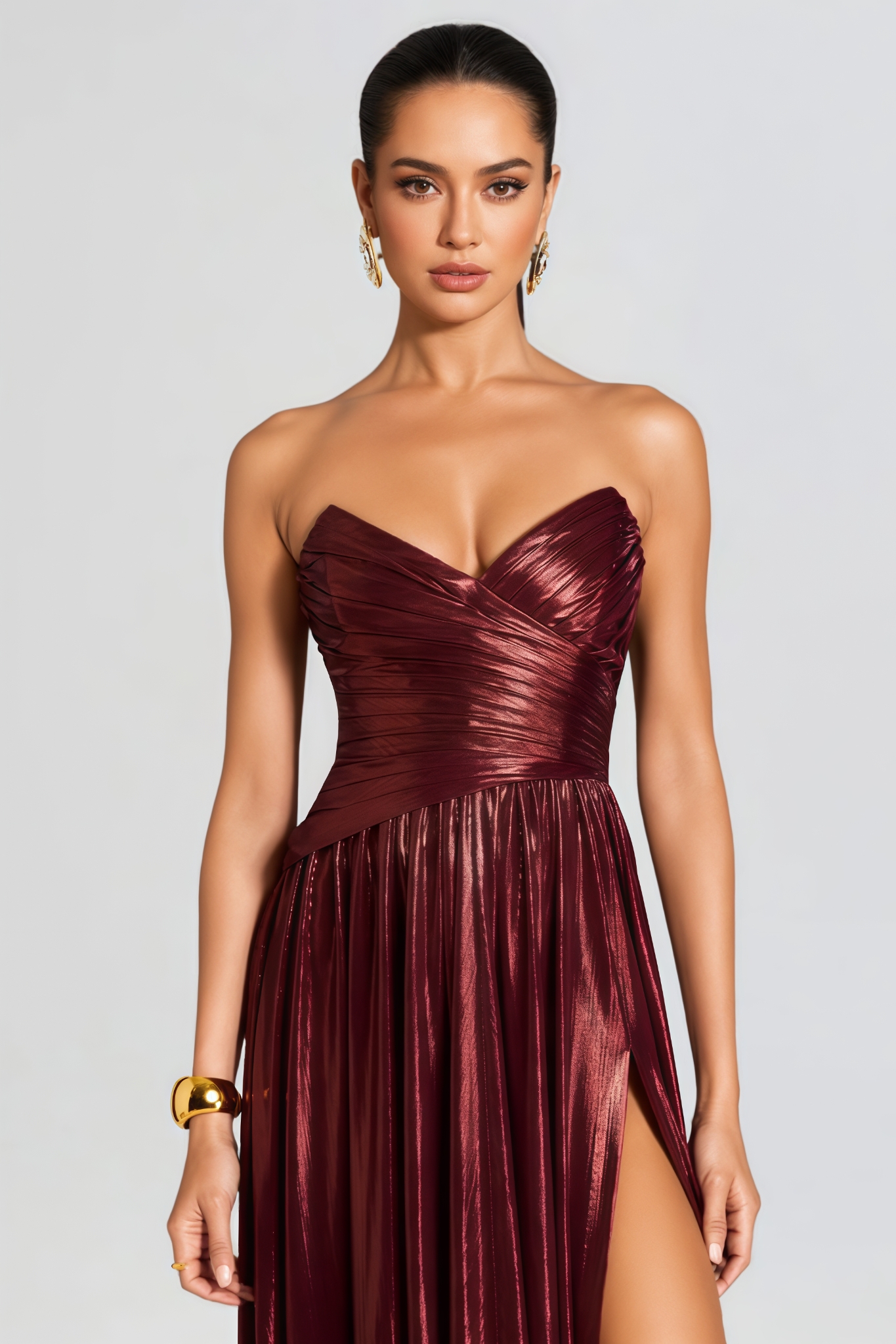 Osiny Red Strapless Ruched Slit Maxi Dress