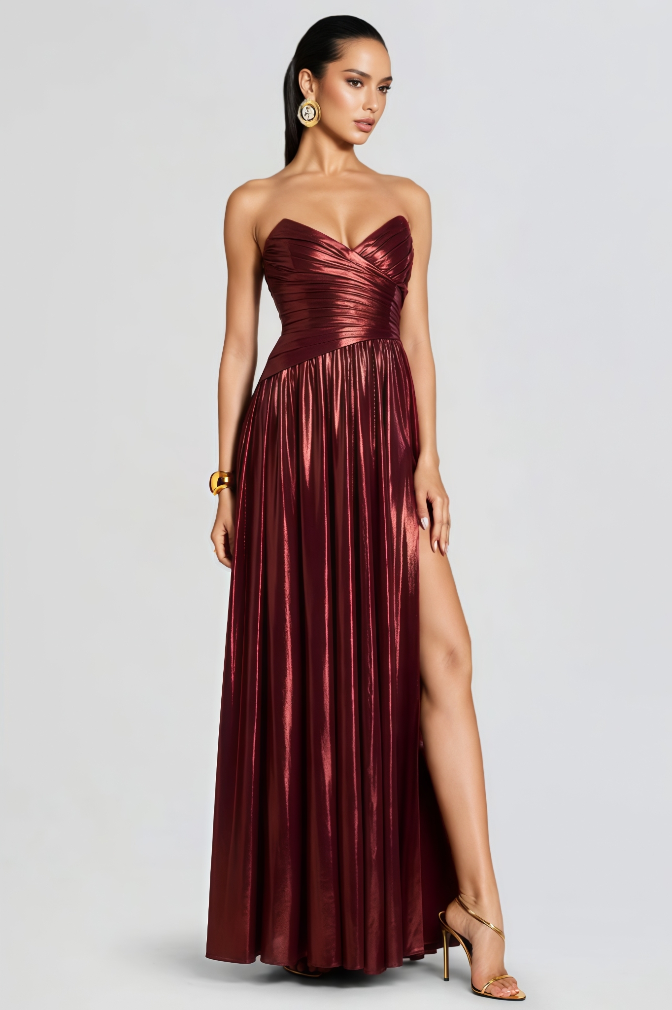 Osiny Red Strapless Ruched Slit Maxi Dress