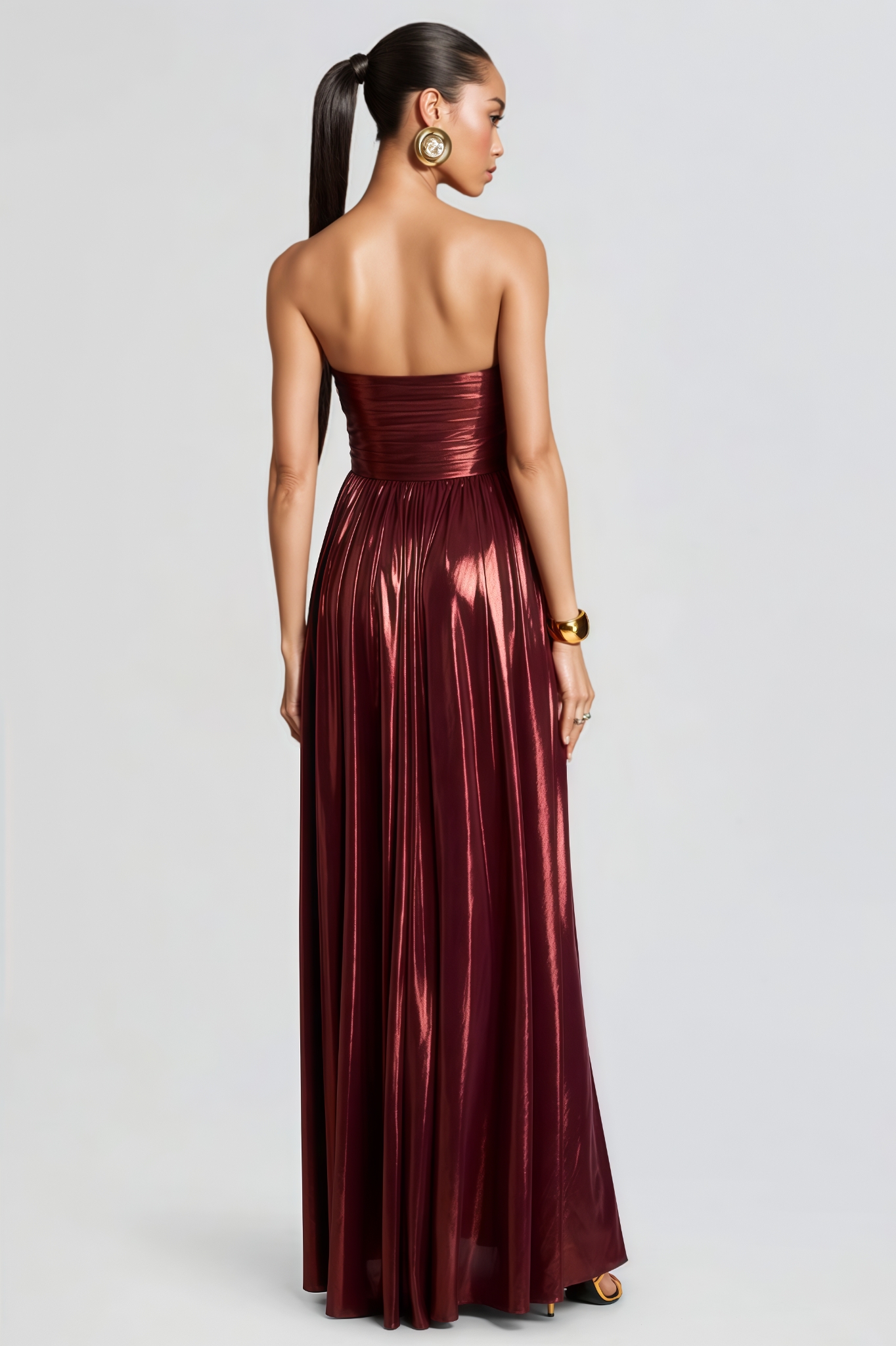 Osiny Red Strapless Ruched Slit Maxi Dress