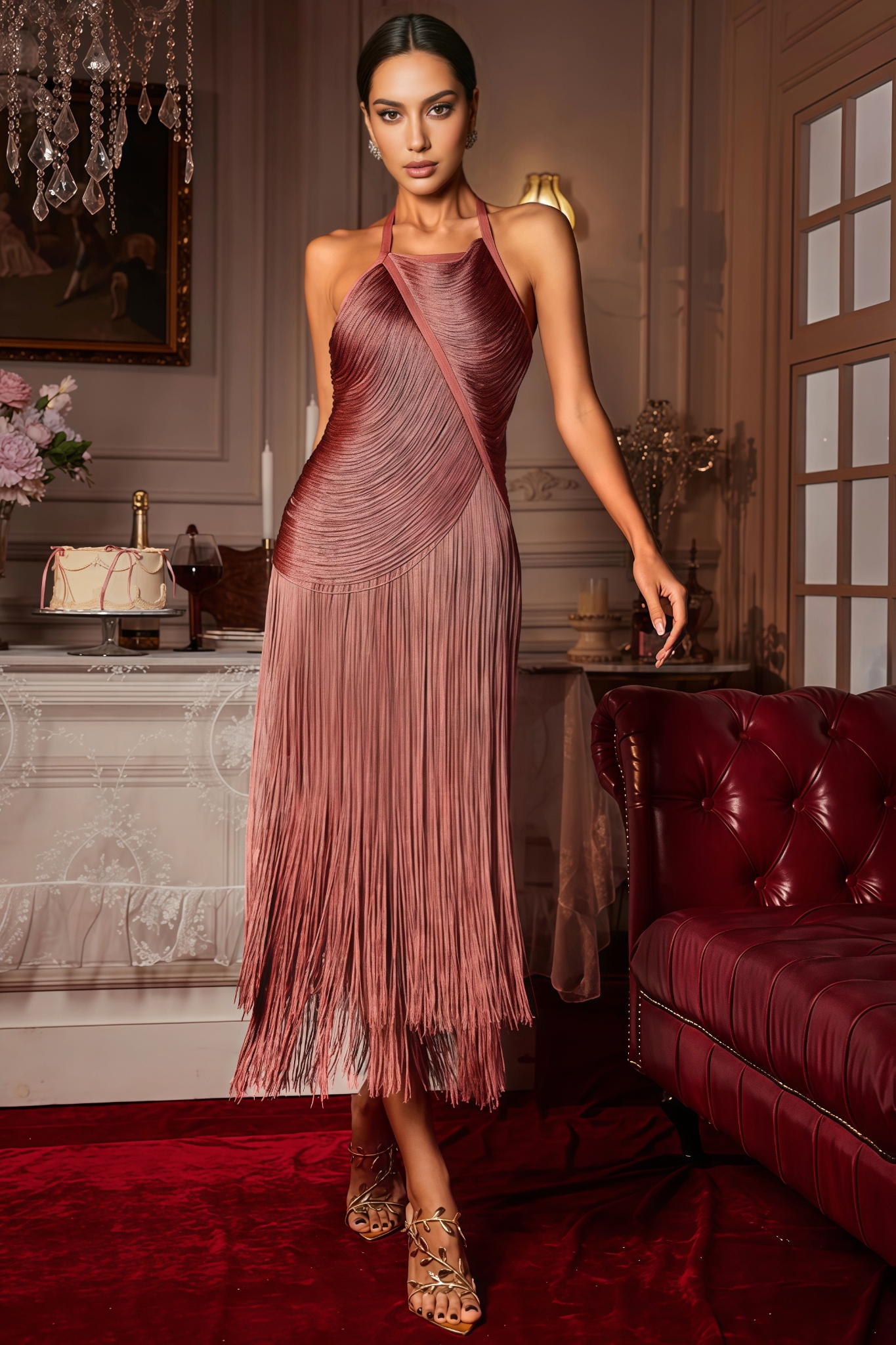 Quelr Halterneck Fringe Midi Dress