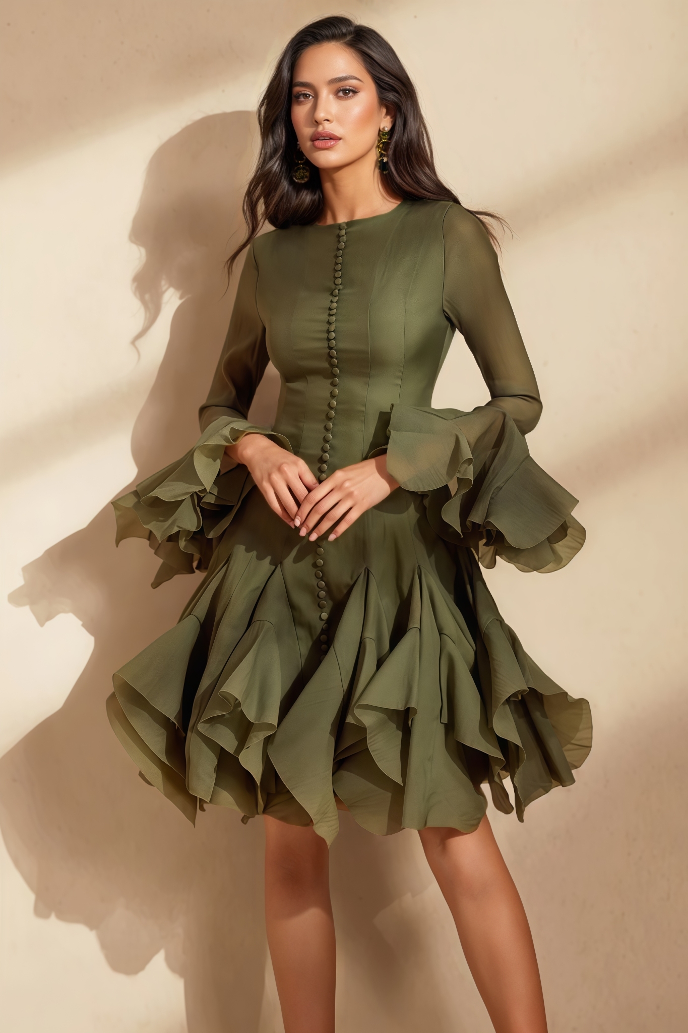Ilyra Green Flare Sleeve Button Midi Dress