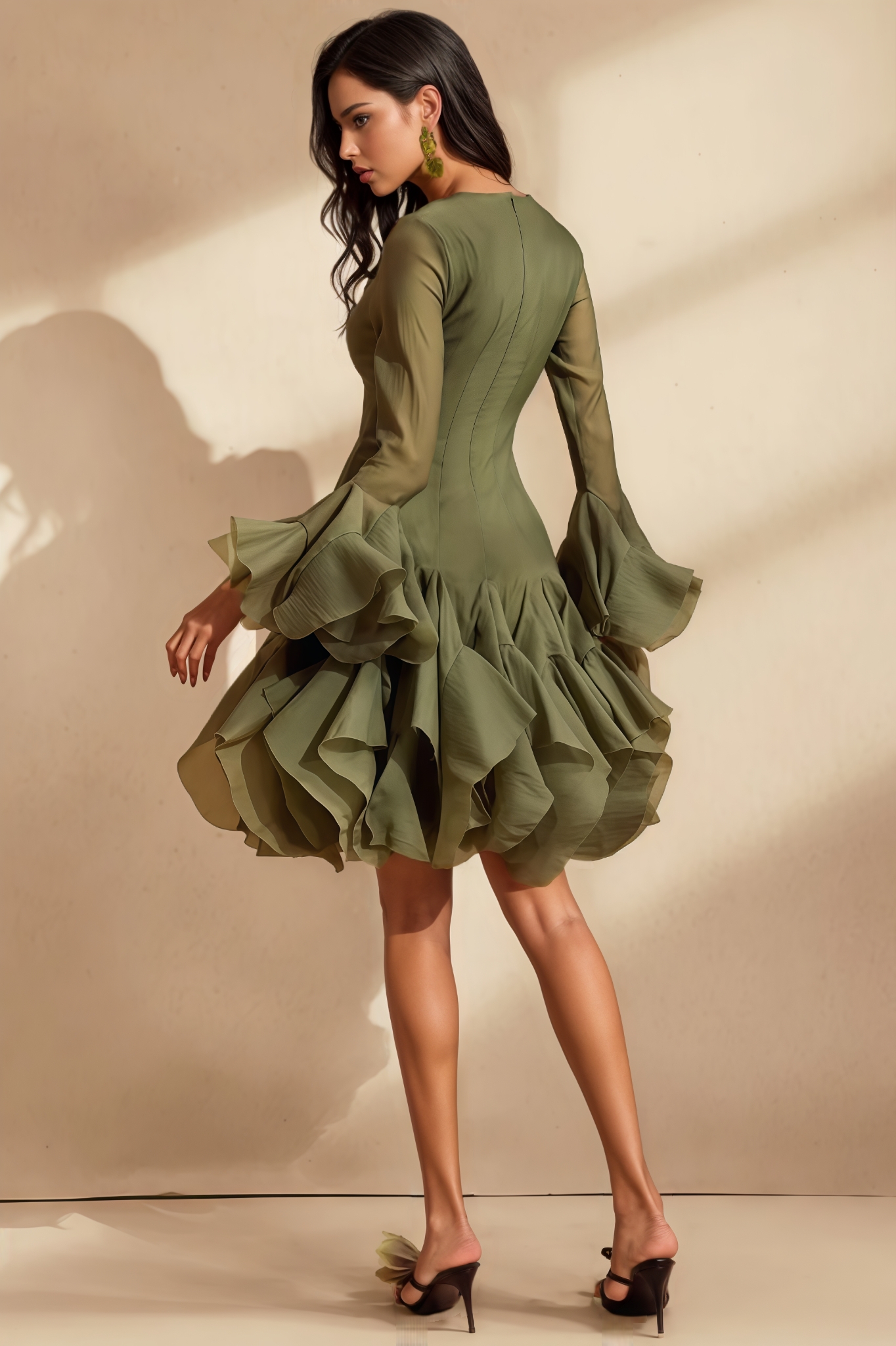 Ilyra Green Flare Sleeve Button Midi Dress